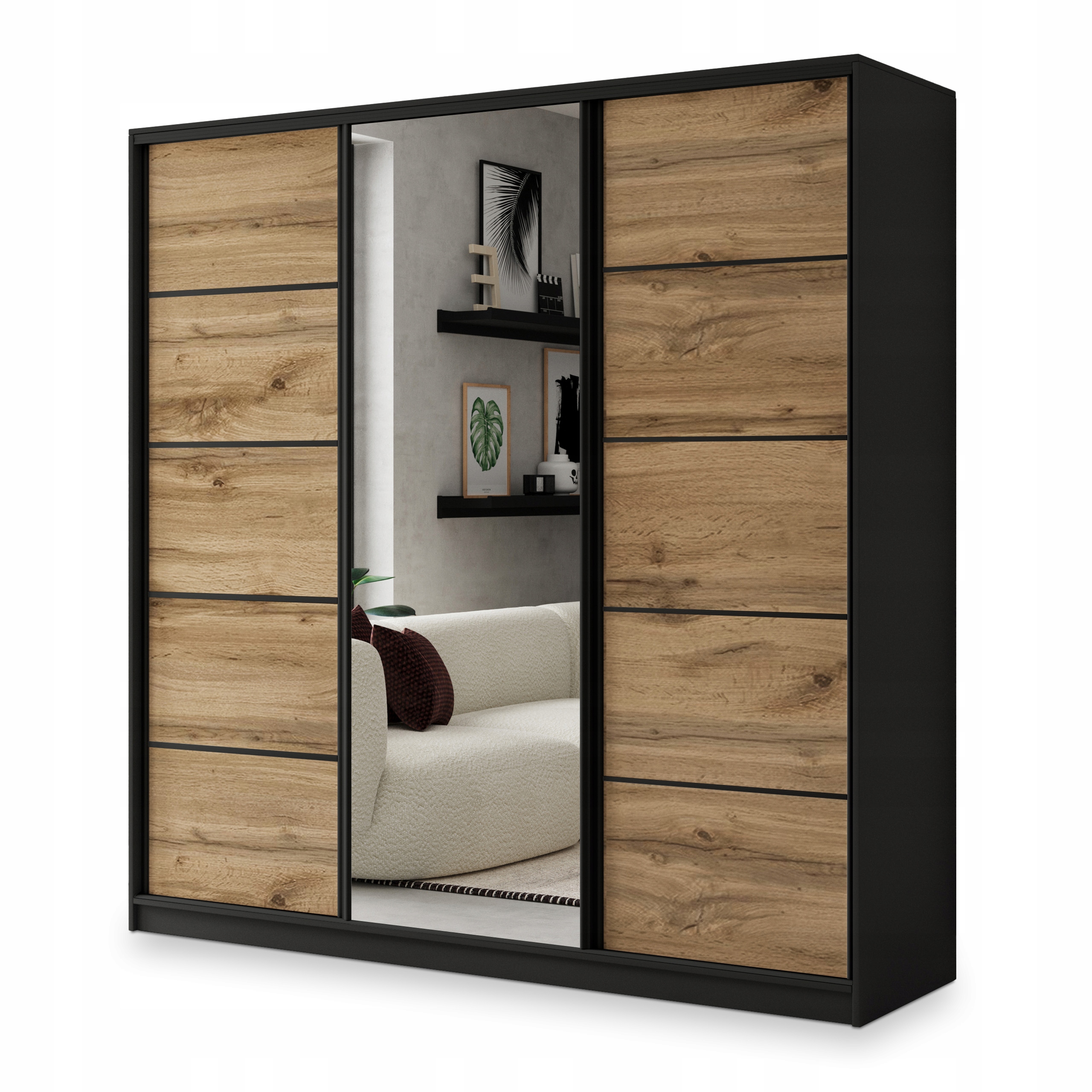 Skříň 200 cm se zrcadlem Zásuvky Police Černá Dub Wotan