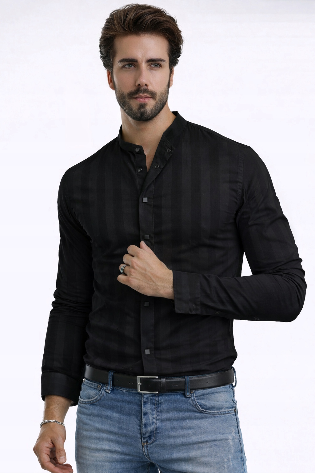 Pánská košile bez límce Košile s dlouhým rukávem Pruhy Regular