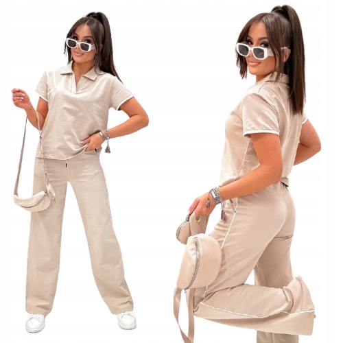 Bawełniany Komplet Dresowy Bluzka Polo Szerokie Spodnie Beżowy L/XL