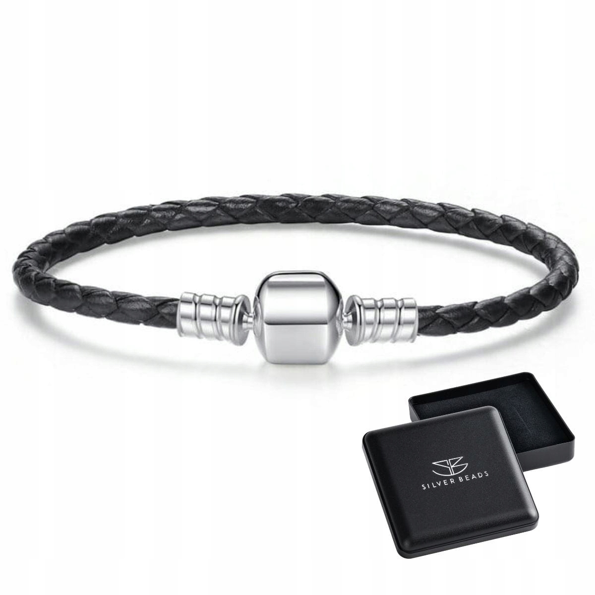 B0517 Skórzna bransoletka modułowa 17 cm ze srebrnym zapięciem Czarna