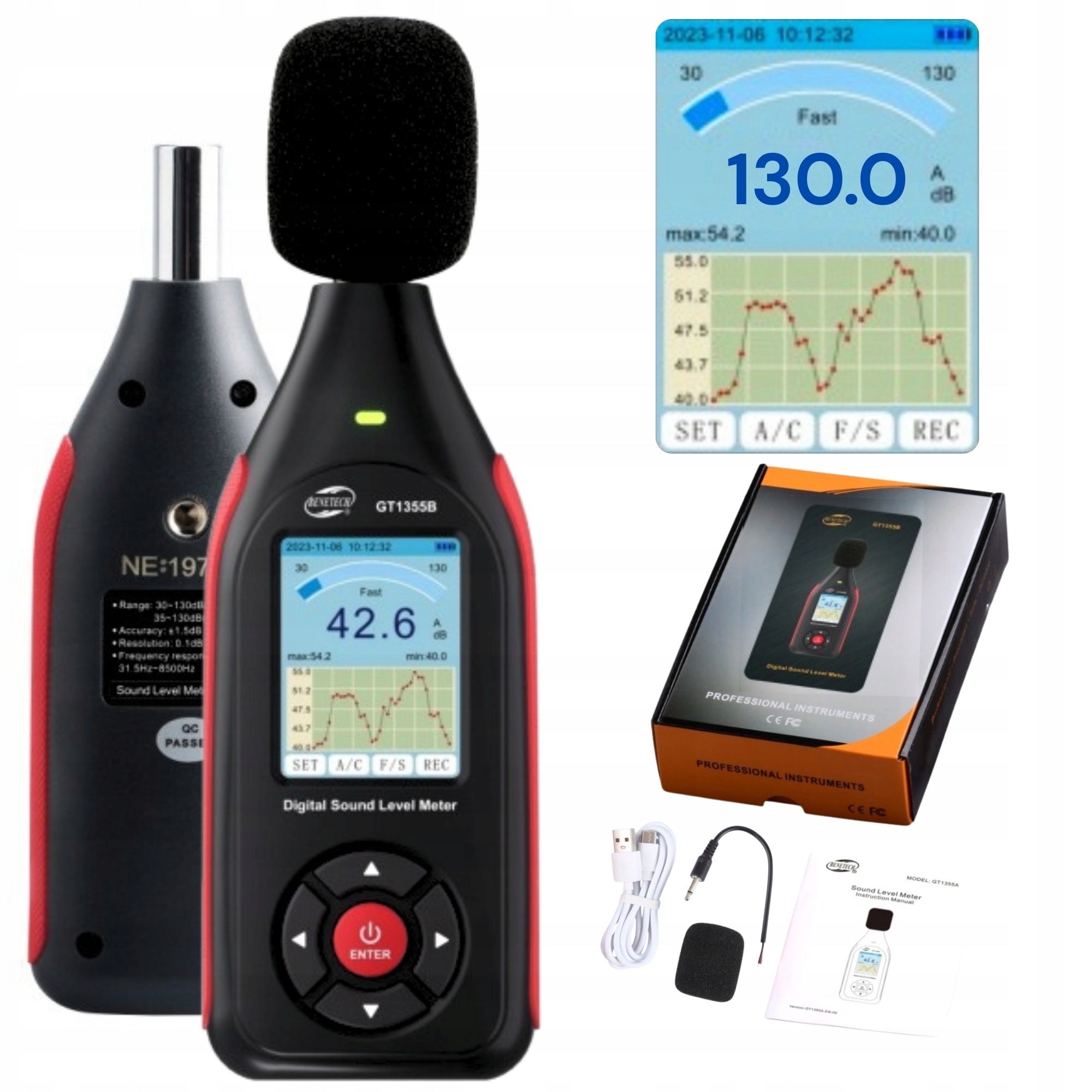 Sonometr Měřič Intenzity Hluku Decibelometr 30-130dB DC Výstup