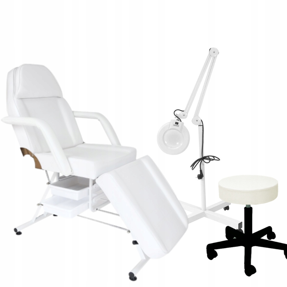 FOTEL KOSMETYCZNY Z KUWETAMI LAMPA LUPA TABORET ZESTAW