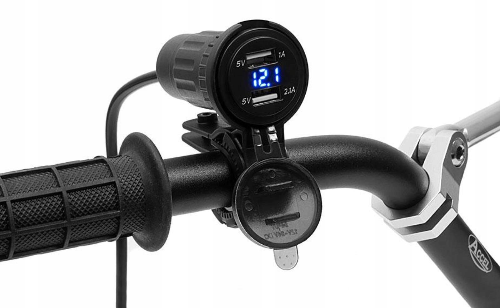 BIKETEC MOTOCYKLOWE PODWÓJNE GNIAZDO Z PODŚWIETLENIEM I WOLTOMIERZEM