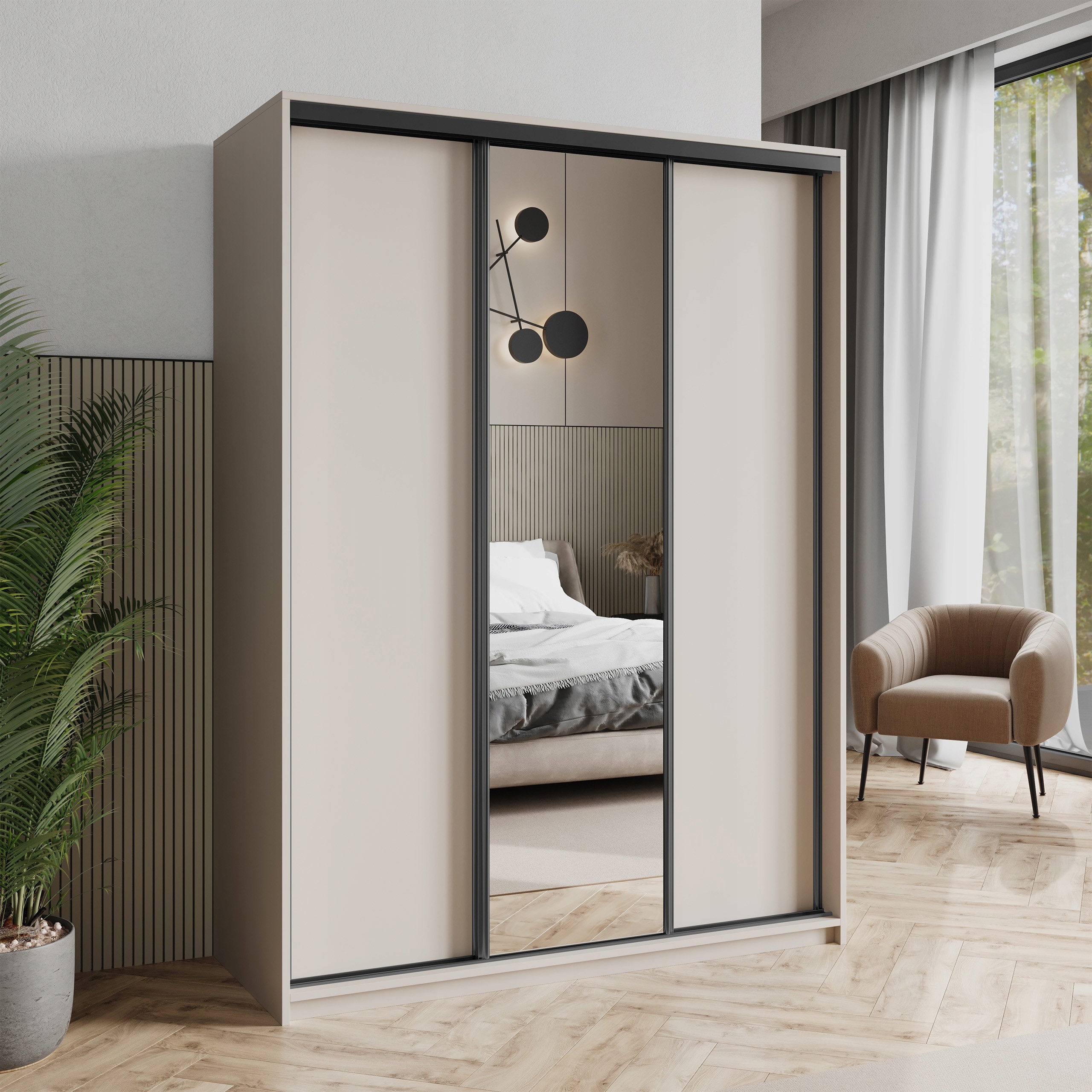 Skříň Třídveřová Tavi 150 cm se zrcadlem Zásuvky Kašmír Černá