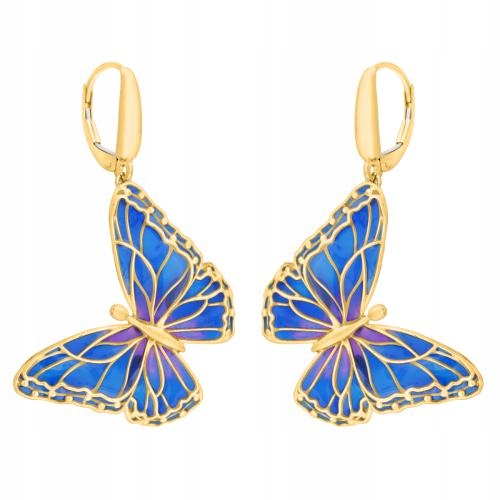 Zlaté 585 náušnice s motýlky a anglickým zapínáním na zavěšení, modrý smalt