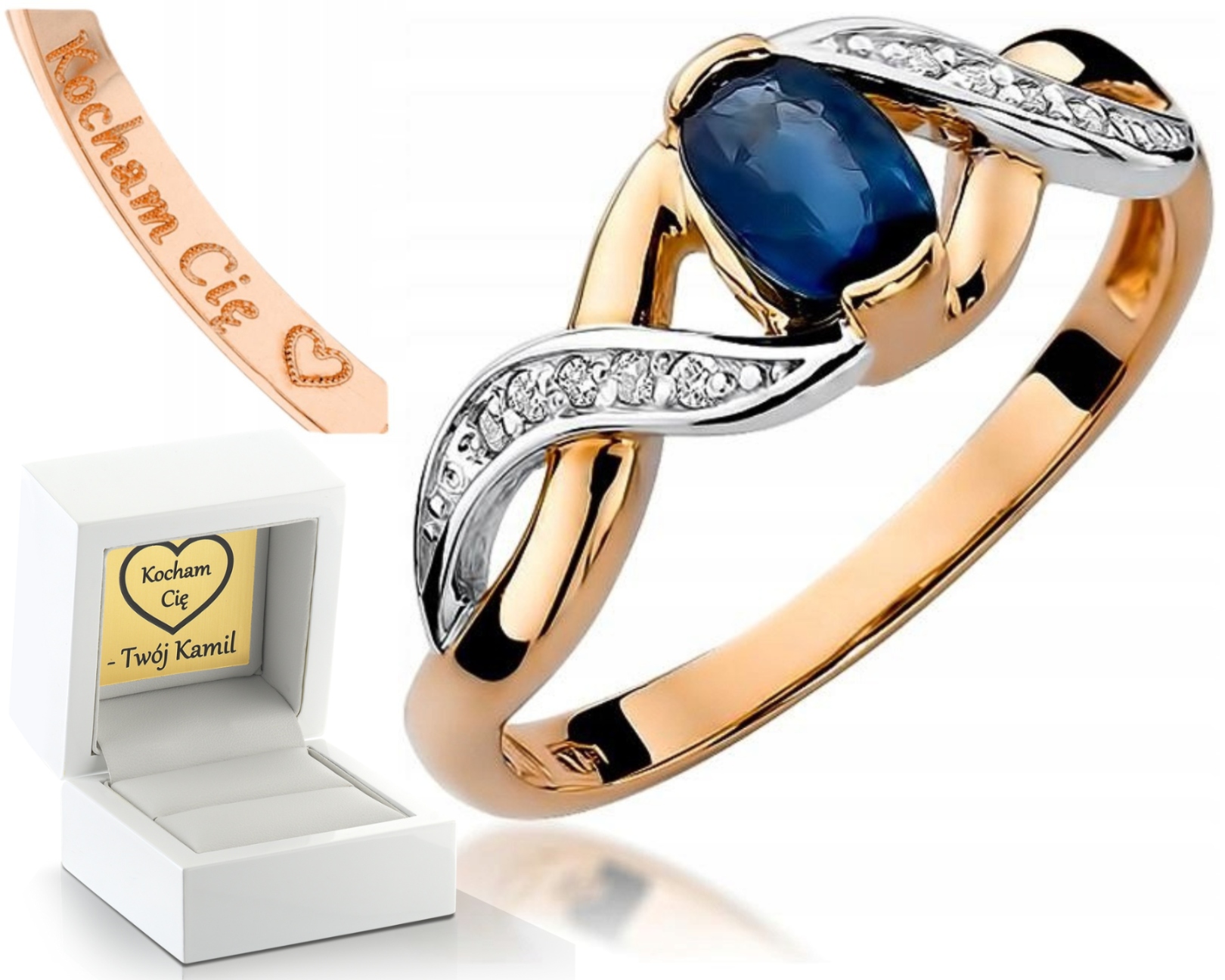 Prstýnek Safír Brilianty Růžové Zlato Gravírování