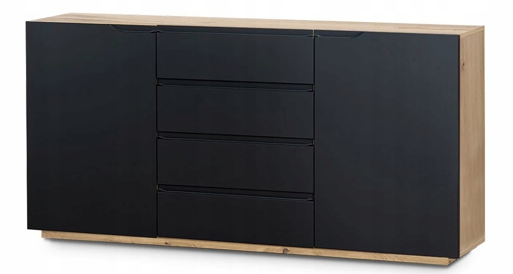 Komoda Szafka do salonu 165 cm CZARNY MAT SZAFKA 3 SZUFLADY PÓŁKI DĄB