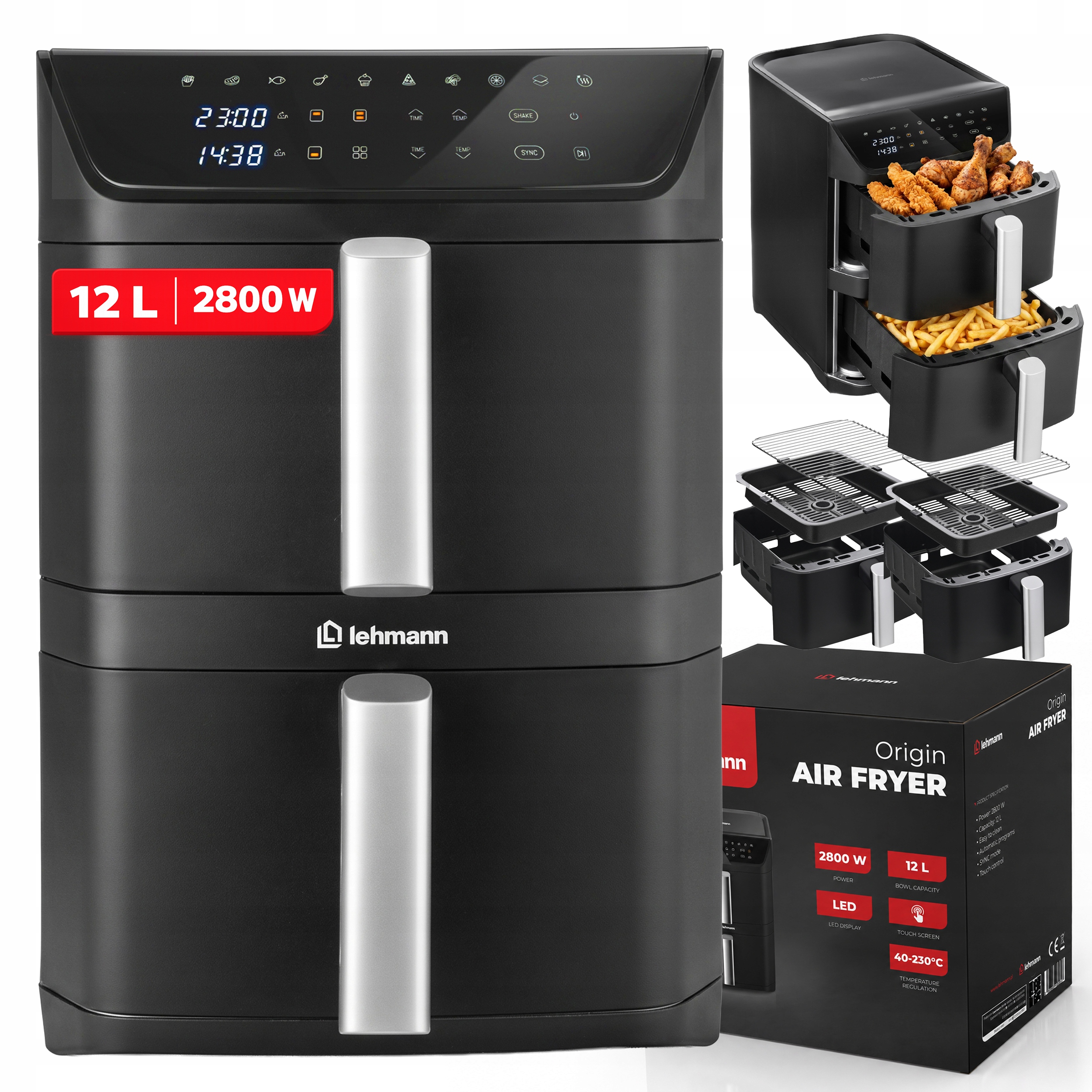 Frytkownica Dwukomorowa Beztłuszczowa Air Fryer 12L 2800W XXL Pionowa 2X6l