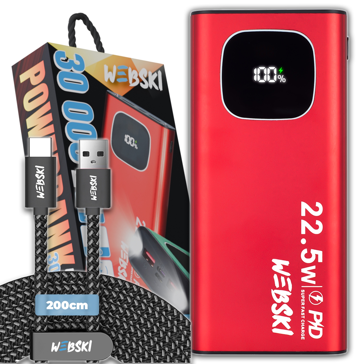 Powerbank 30 000 Mah 2X Usb Usb-c Rychlé Nabíjení Pd Usb Kabel Usb-c 2M 200 CM