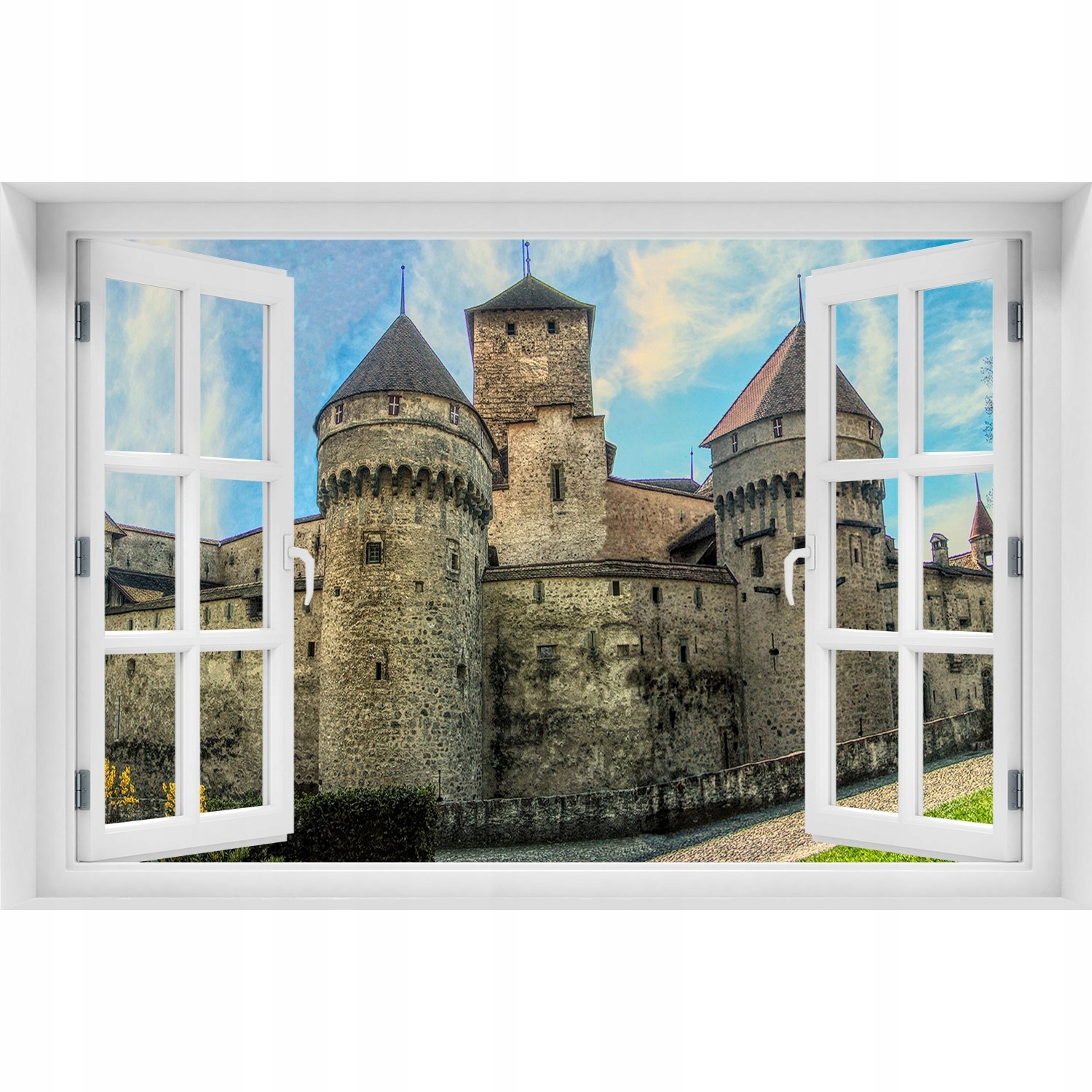 

Naklejka na ścianę 3D Okno Zamek w Szwajcarii