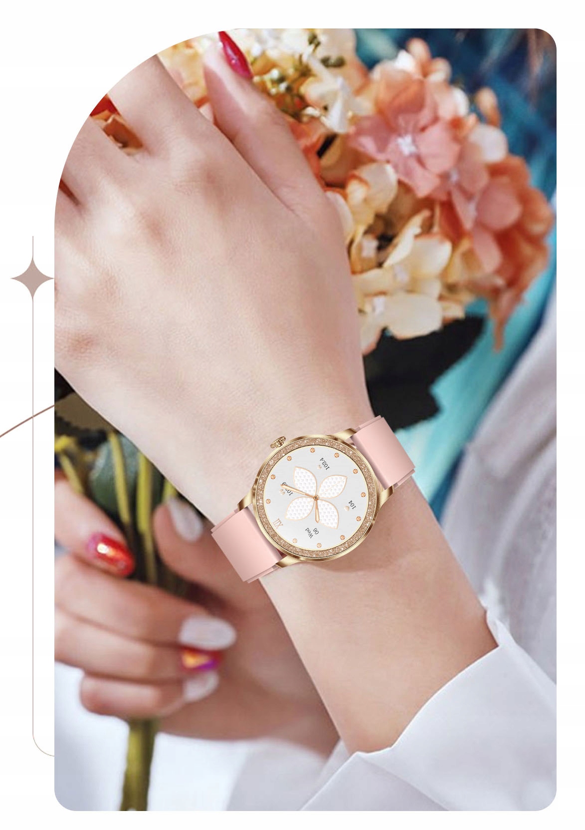 SMARTWATCH ZEGAREK DAMSKI POLSKIE MENU ROZMOWY CIŚNIENIE PULS SPORT ZDROWIE Obsługa ładowania bezprzewodowego tak