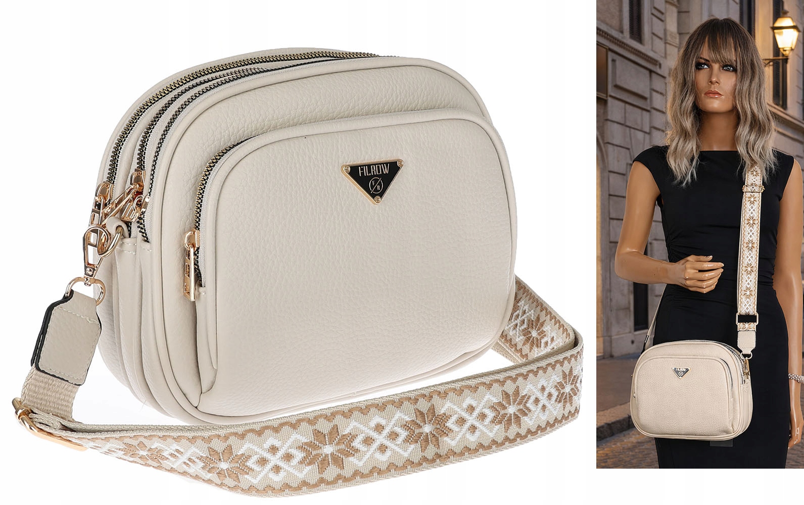 Torebka damska listonoszka mała pojemna na ramię szeroki pasek Y431 Beżowa