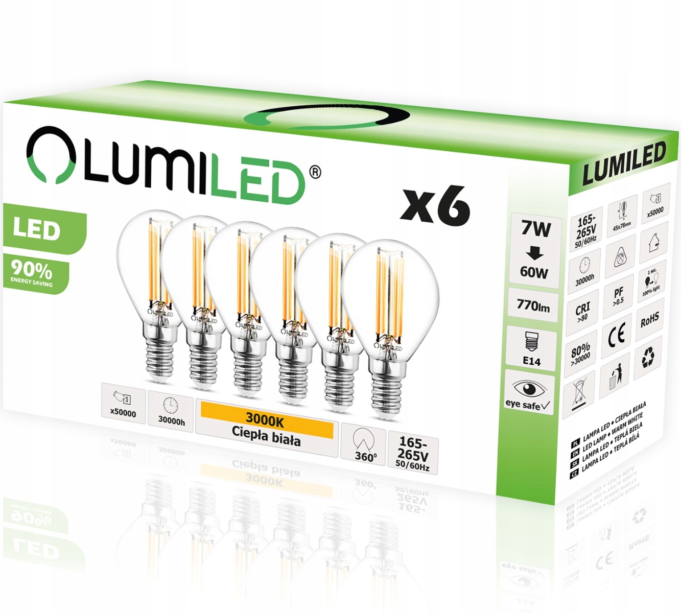 

6x Żarówka Led E14 7W 60W 3000K Filament Lumiled