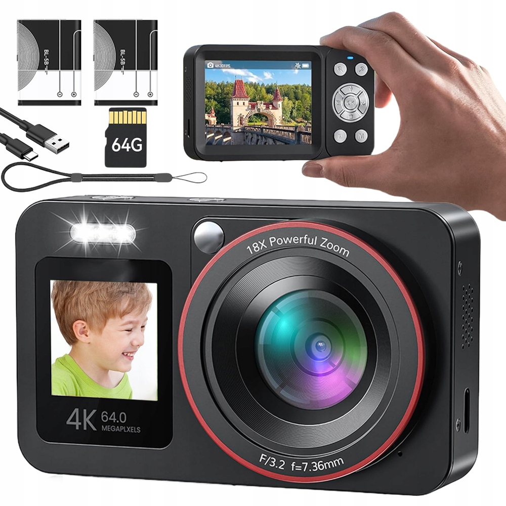 Digitální Fotoaparát Fotografie 64 Mp Filmy 4K 18X Zoom 64 Gb Karta