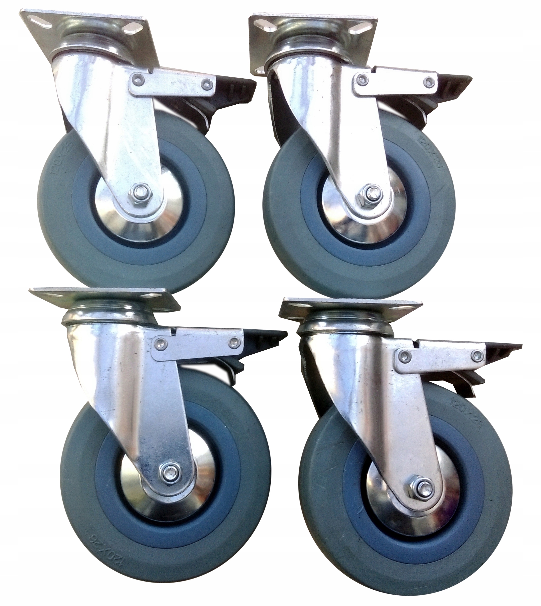 Sada kol o průměru 120 mm, 4 ks, brzda nepoškrábe, gumová, otočná o 360 kg