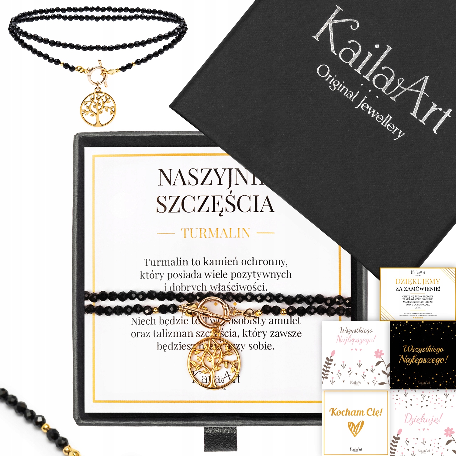 Turmalínový Černý Náhrdelník 3 MM Zlatý Amulet Strom Života Ochrana Štěstí