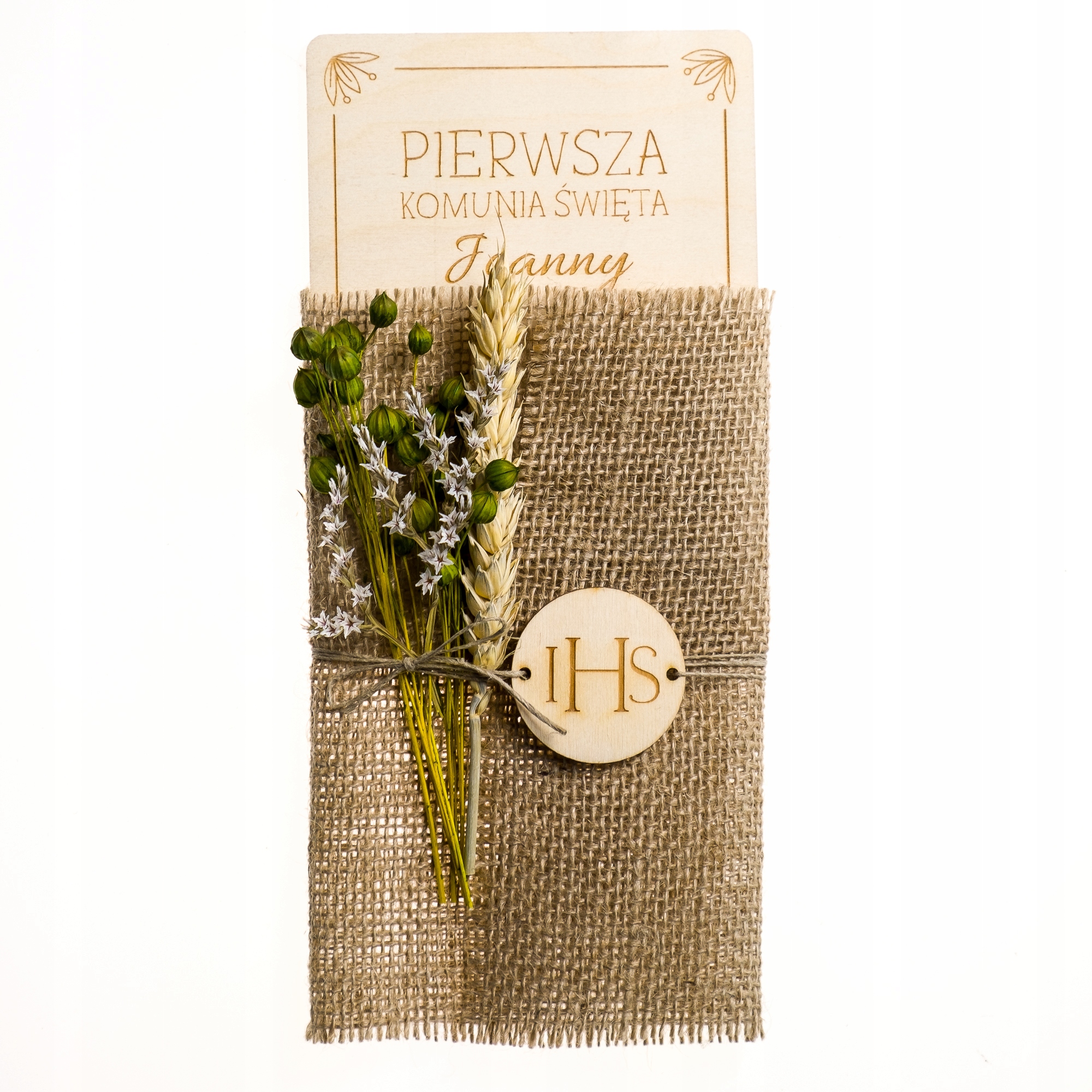 Drewniane zaproszenia na Komunię Świętą- wersja 2 Wysokość produktu 14 cm