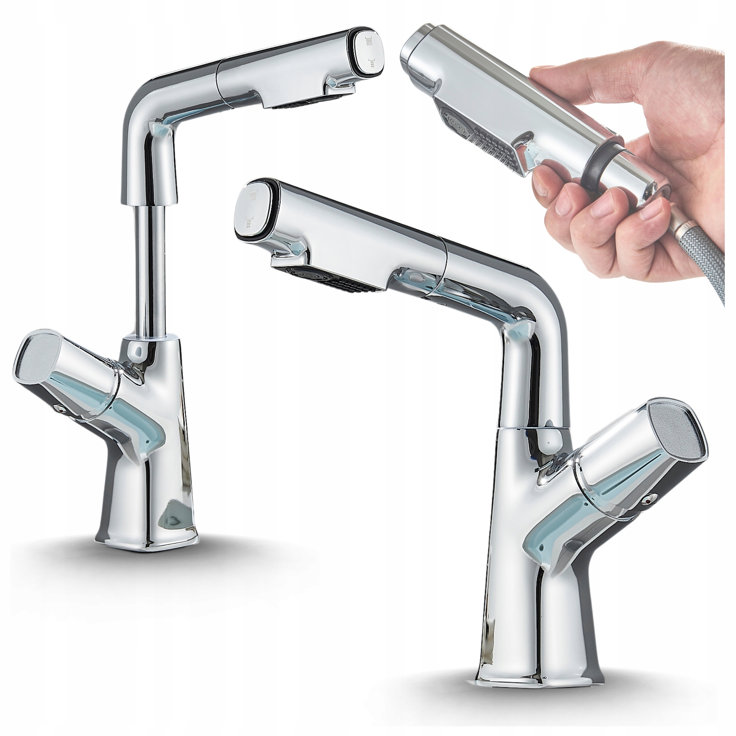 Baterie k Umyvadlu Stříbrná Chromovaná s Pohyblivou Ohybnou Sprchou a Perlatorem