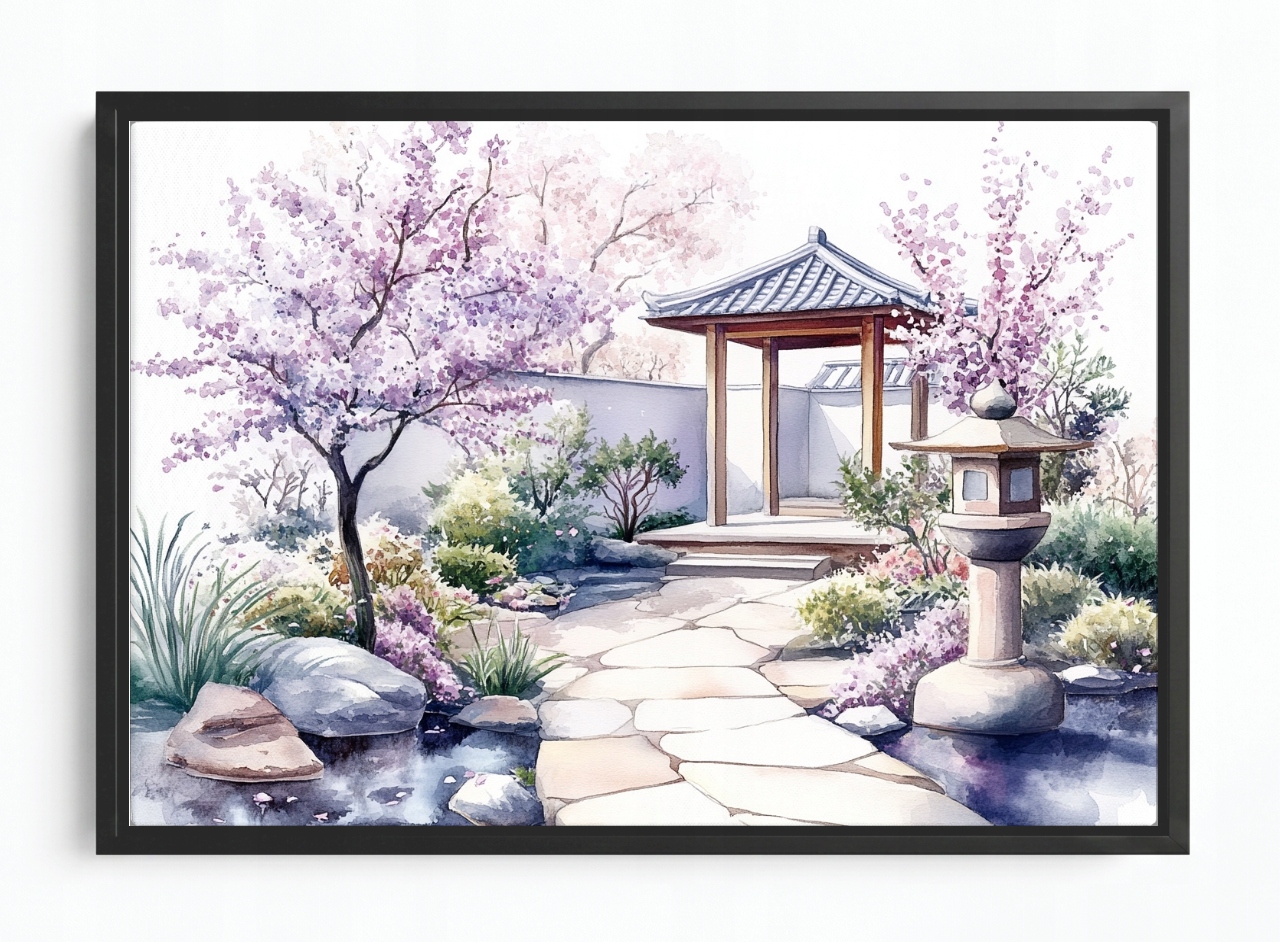 Obraz Rám Americký Box Akvarel Japonsko Zahrada Višeň Sakura Květiny 60x40