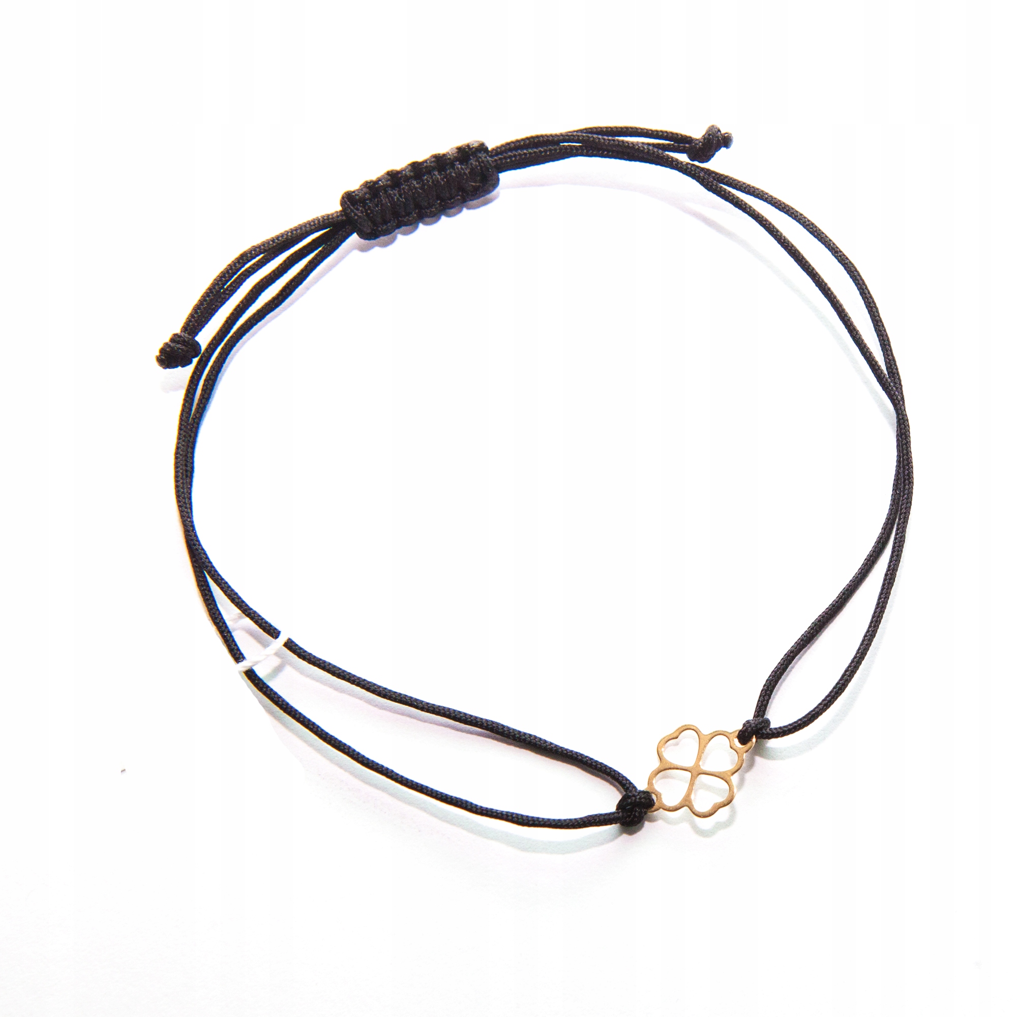 Bransoletka złota na sznurku koniczynka złoto 585 na szczęście czarna