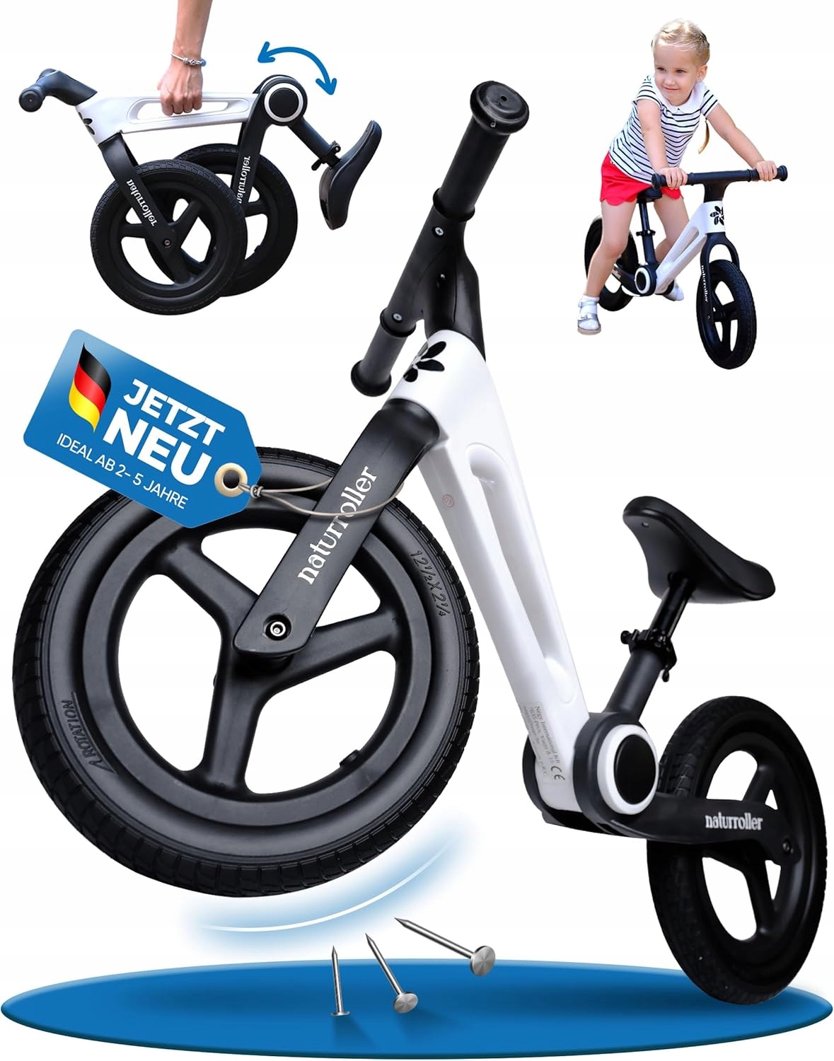 Rowerek biegowy biało czarny, składany, regulacja wysokości, włókno szklane