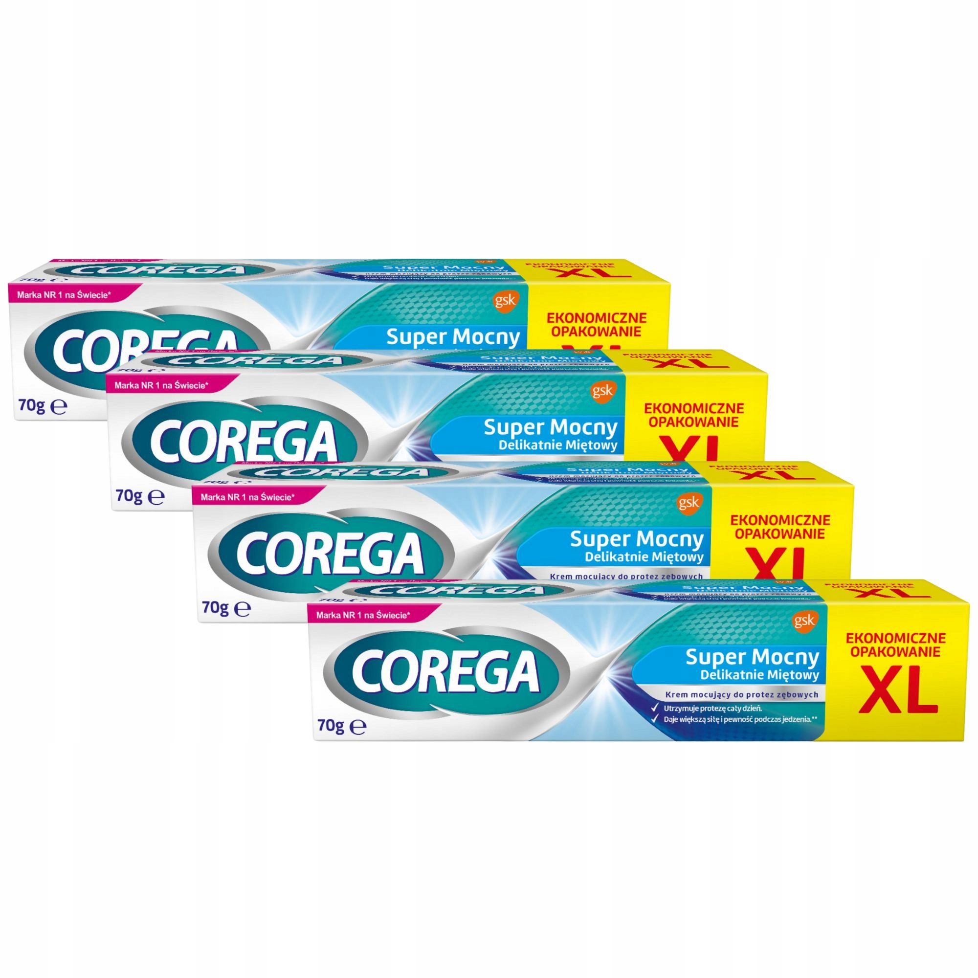 4x Corega Mocny Delikatnie Miętowy Krem mocujący do protez, 70 g