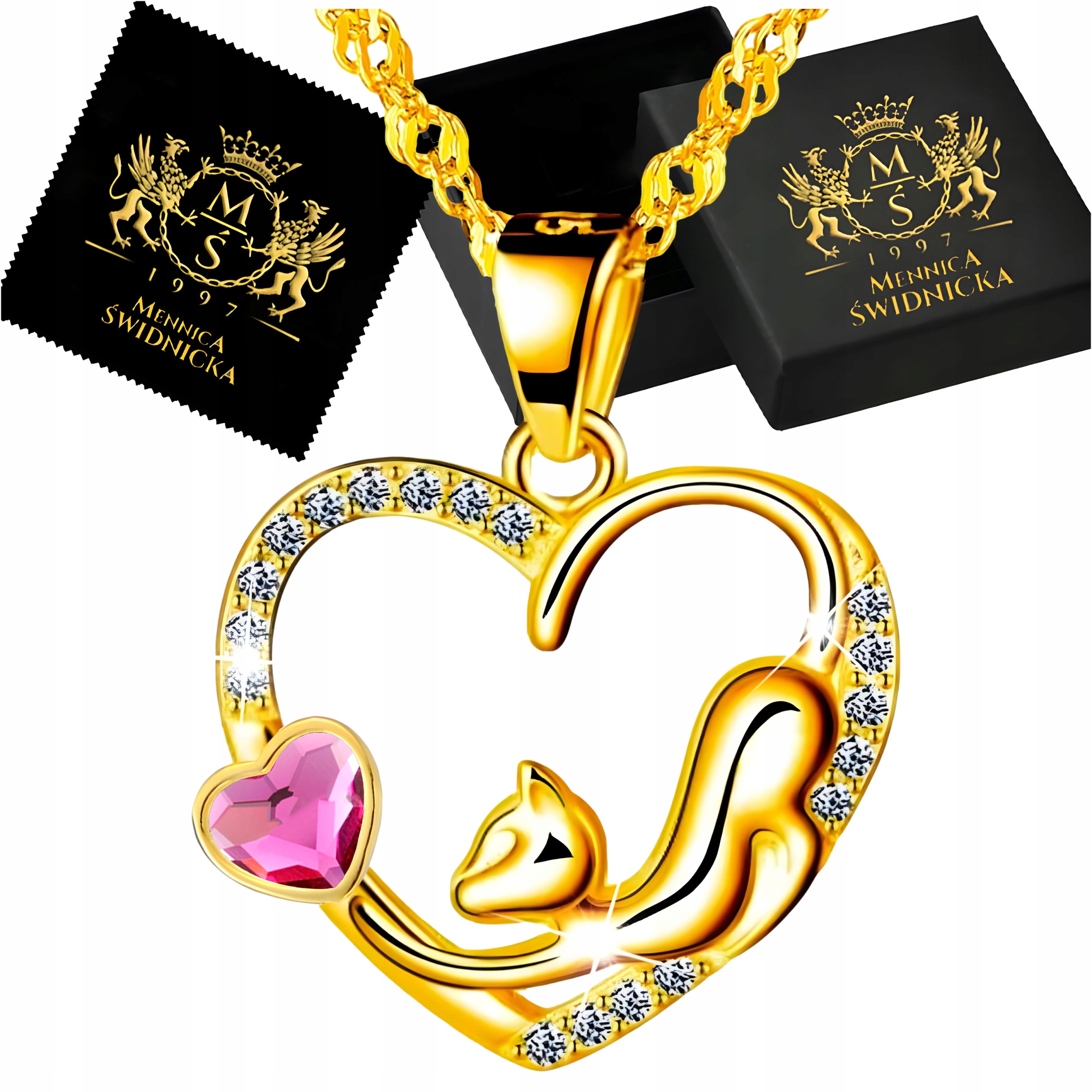 Zlatý Náhrdelník Srdce s Kočkou Stříbro 925 Dámský Stříbrný Šperk