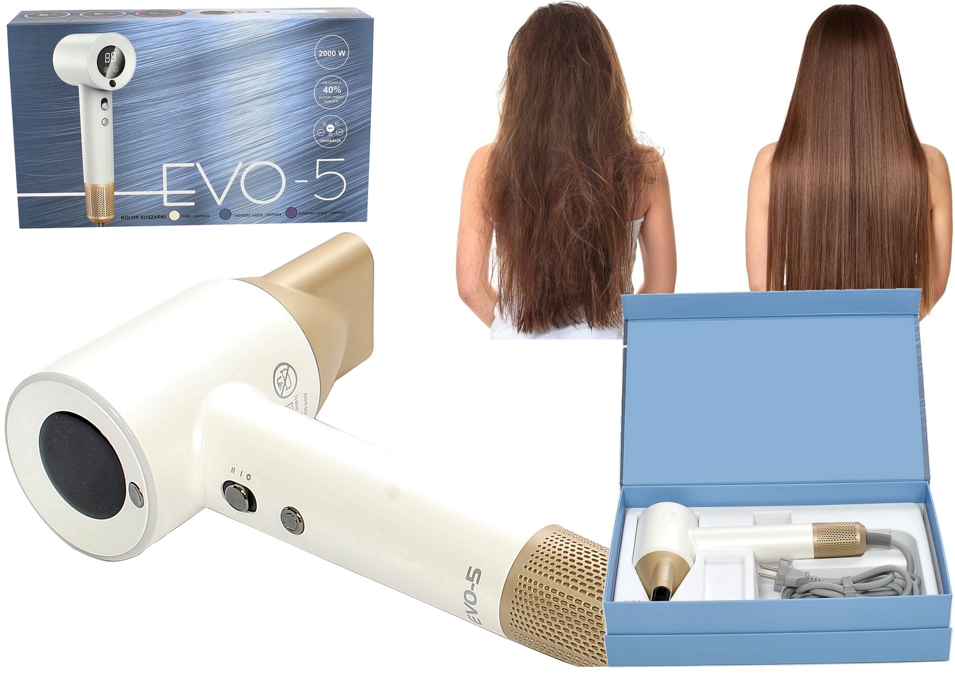 EVO-5 Profesjonalna Suszarka Do Włosów (2000W) (200MLN Jonów) (led) biała