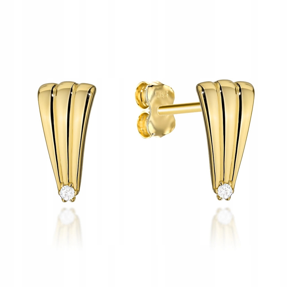 Zlaté 585 náušnice prodloužená mušle se zirkonem, elegantní doplněk 14k