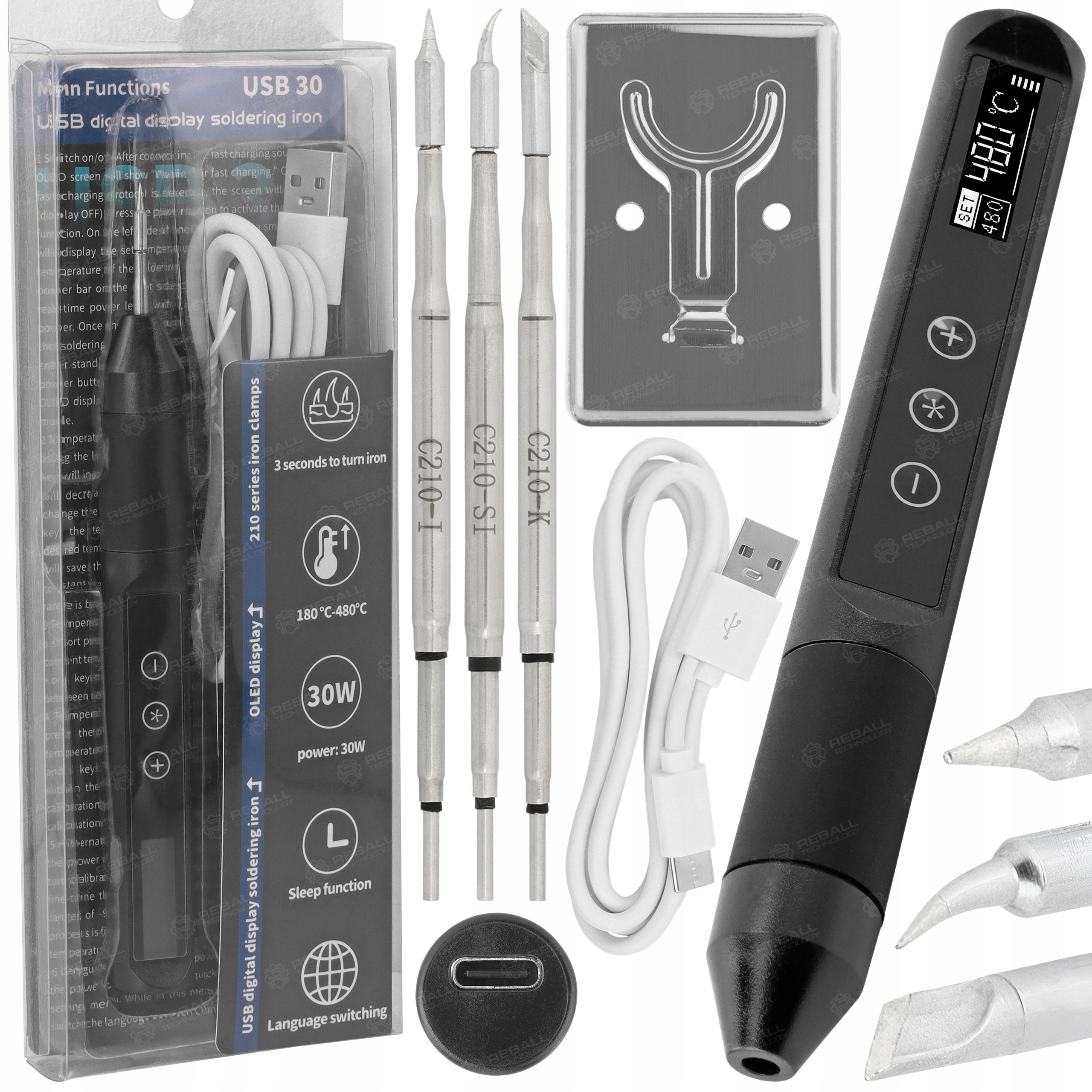 Mobilní Univerzální Digitální Páječka Usb-c USB30 Oled 30W 3 Hroty C210