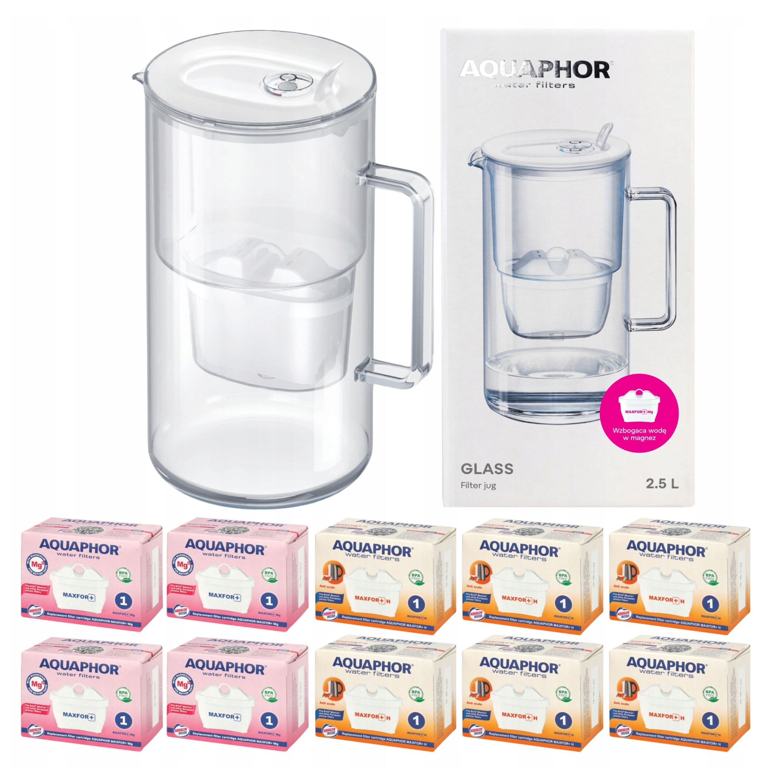 Dzbanek filtrujący szklany Aquaphor Glass biały +10 filtrów Maxfor (4Mg+6H)