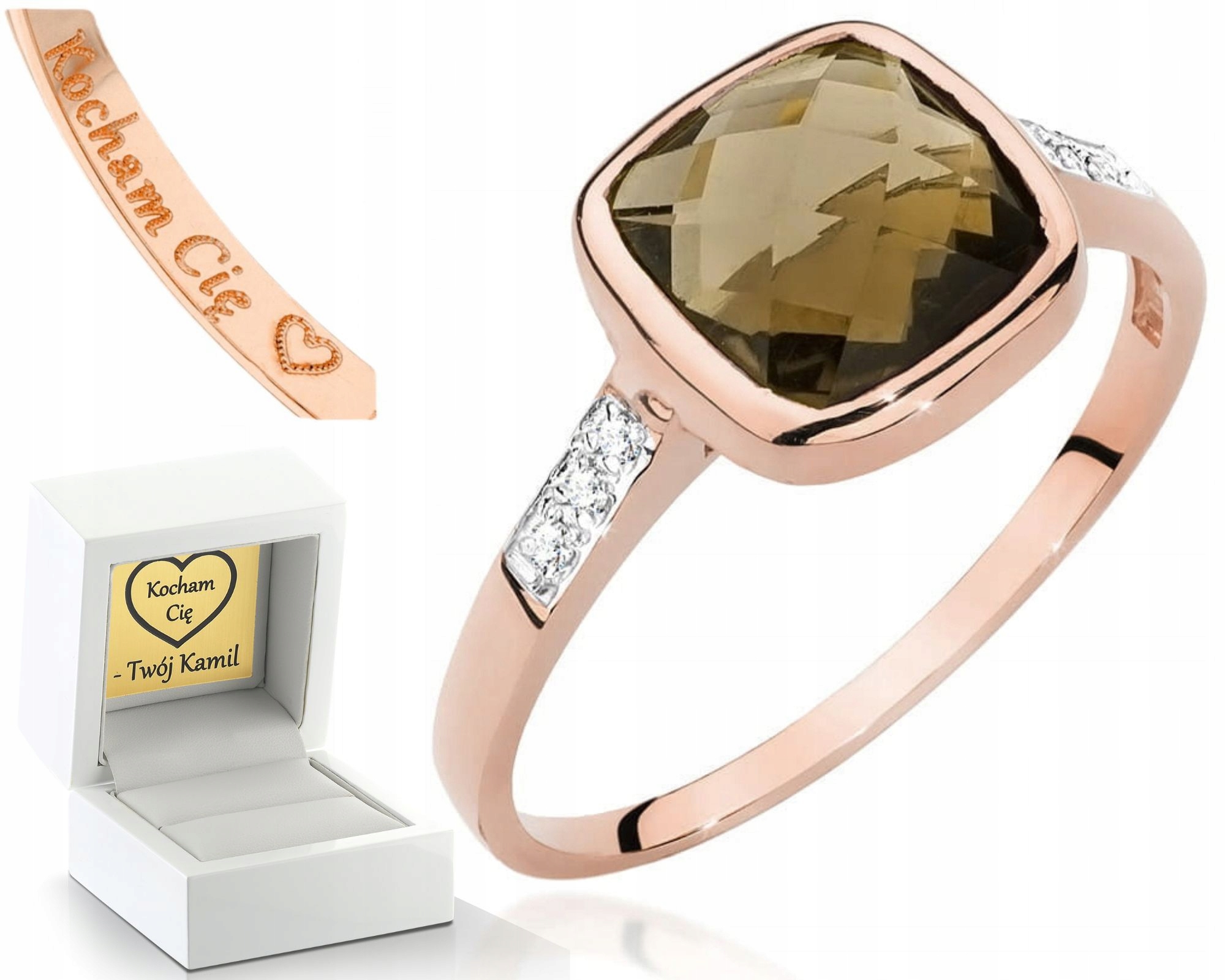 Prstýnek Růžové Zlato Kouřový Křemen Brilianty Gravírování 585 Dárek