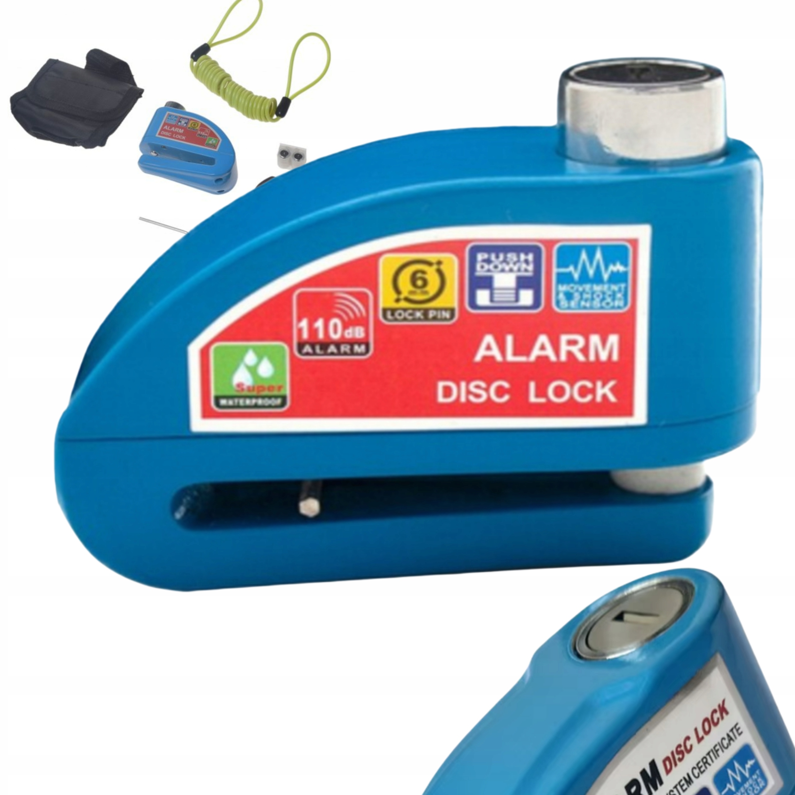 Blokáda S Alarmem Na Brzdový Kotouč Motocykl Kolo Skútr 110dB Modrá