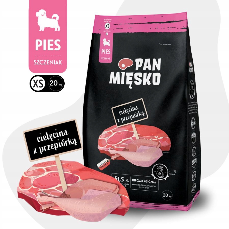 Pan Mięsko Karma sucha Cielęcina z Przepiórką Małe rasy Szczeniak Xs 20kg