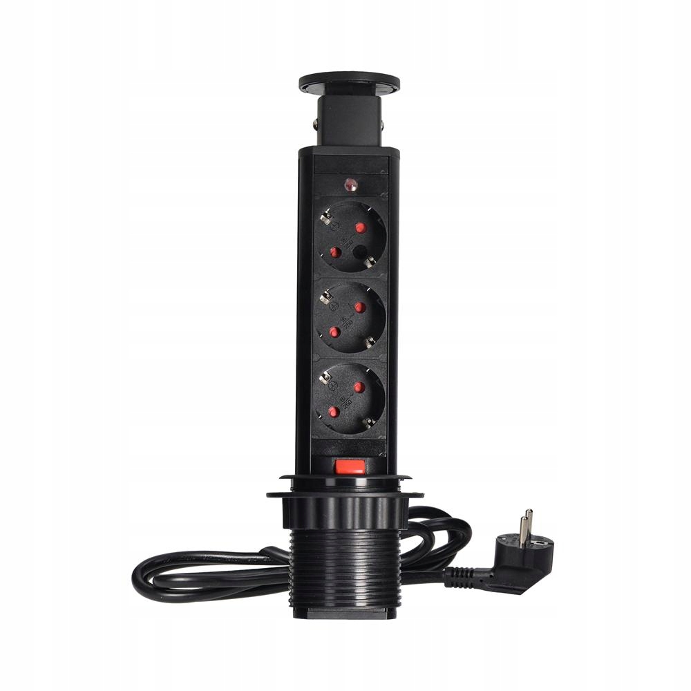 Nábytková zásuvka Ø6 cm výsuvná s kabelem 1,8 m, 3x2P+Z (Schuko), černá