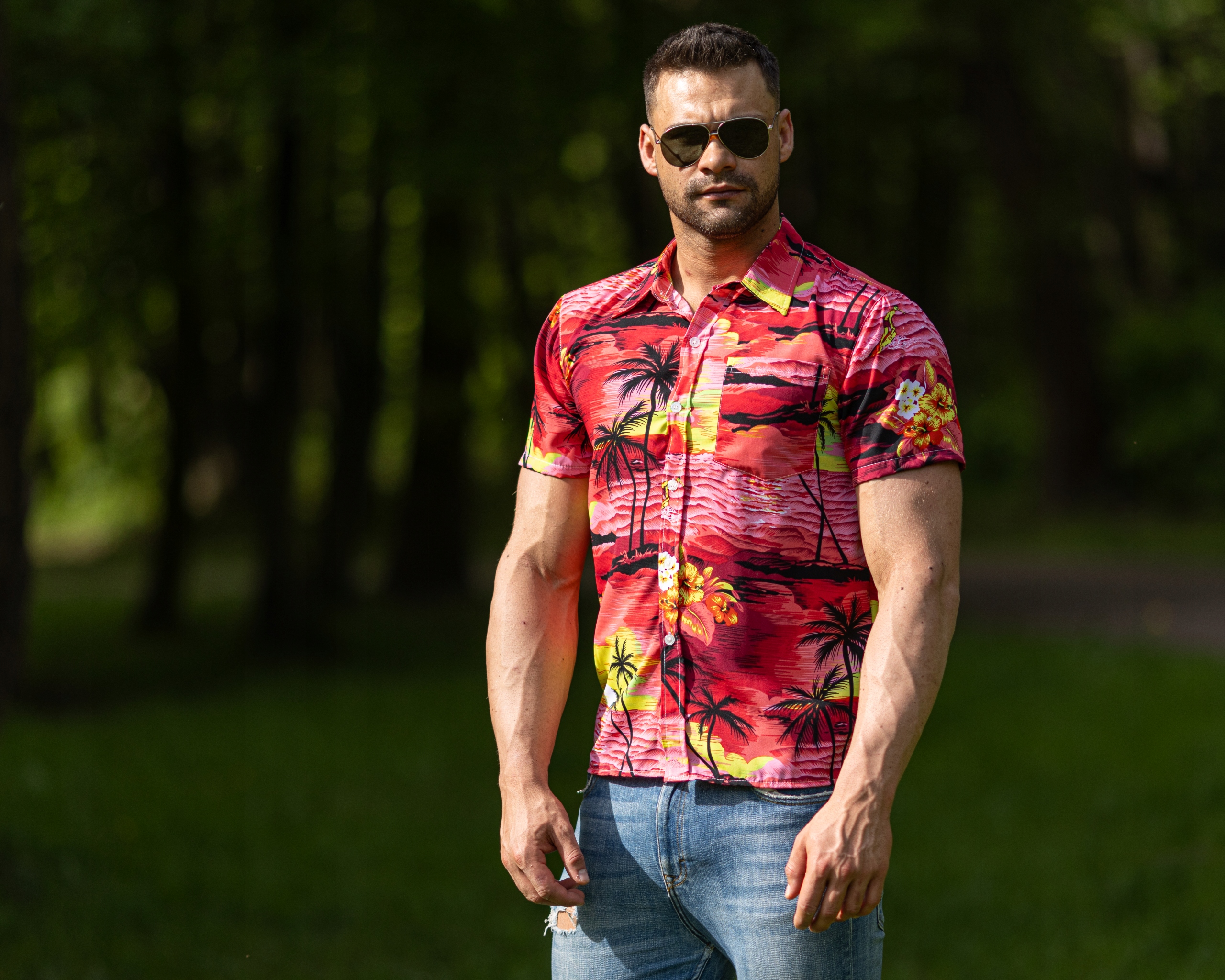 KOSZULA MĘSKA HAWAJSKA W PALMY KWIATY PLAŻA MORZE C1 CZERWONA - M Rozmiar M