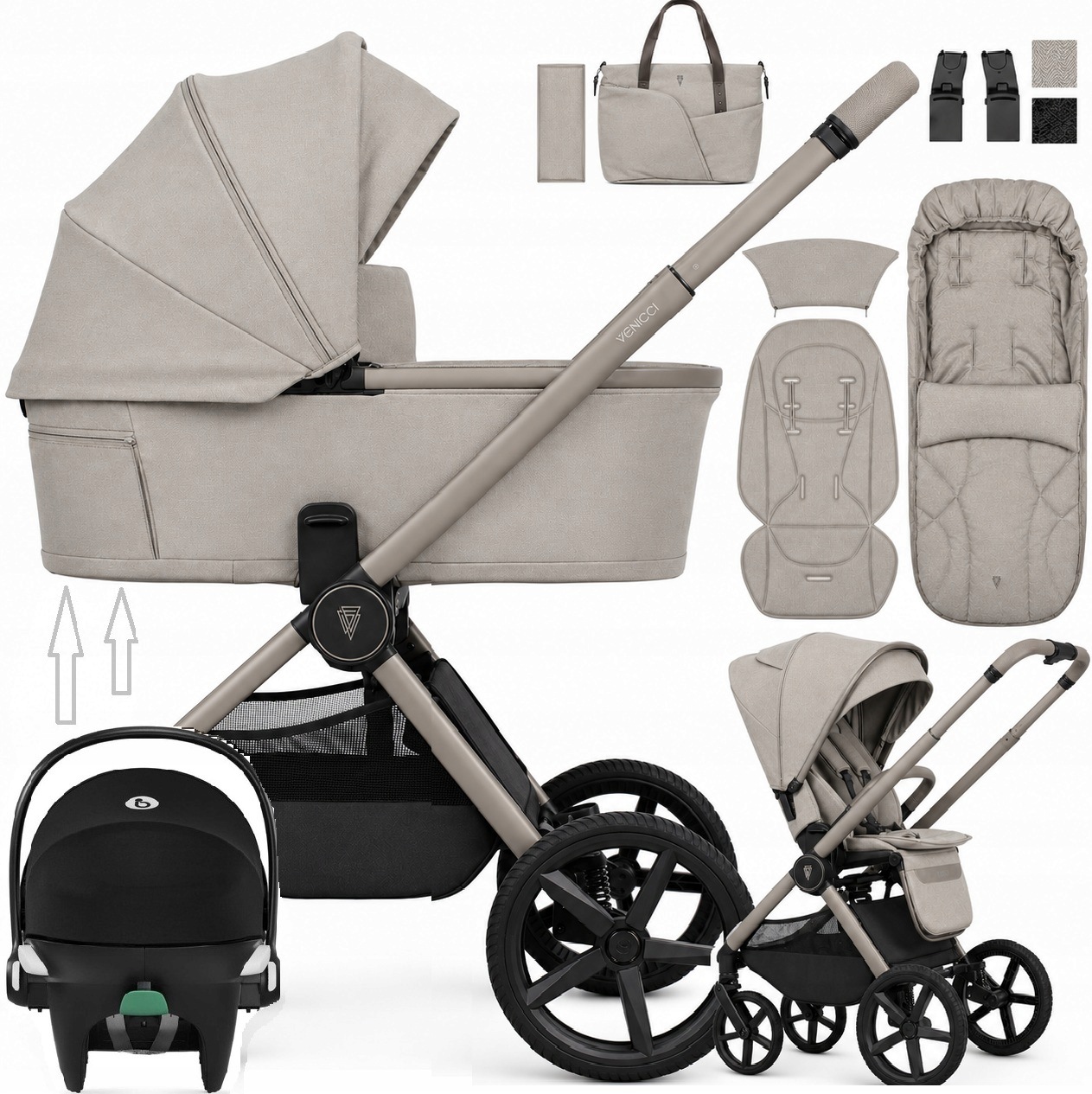 Venicci Upline 3 wózek 3w1 Gond Fold fotelik Cybex Ad&Tor&Śpiw&M&F&O Pebble