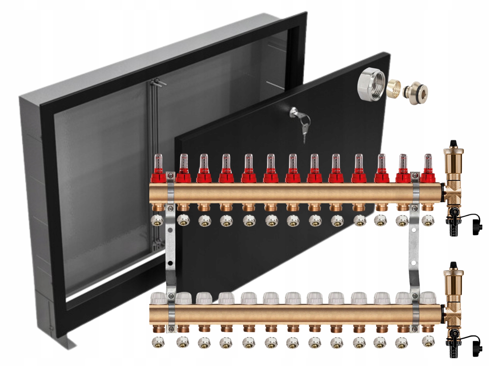 Mosazný Rozdělovač 13 Sekcí Pex Spojky Podomítková Skříňka Černá