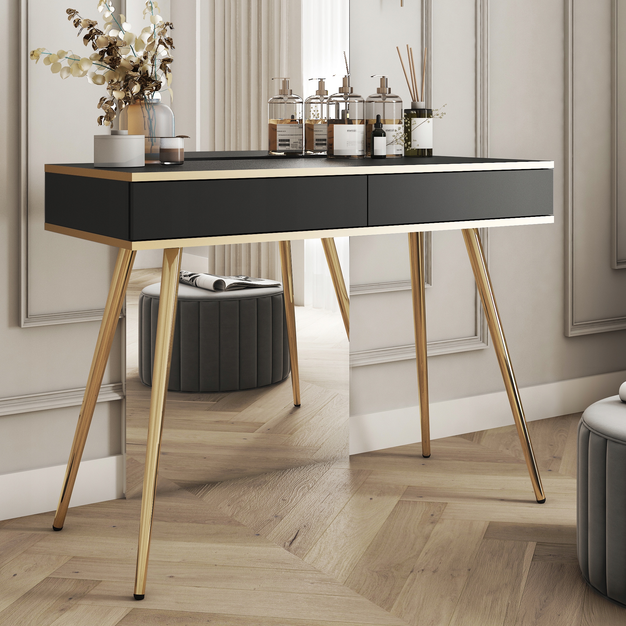 Komodee Elegantný toaletný stolík Banff T102 Čierna Zlaté nohy a zdobenie