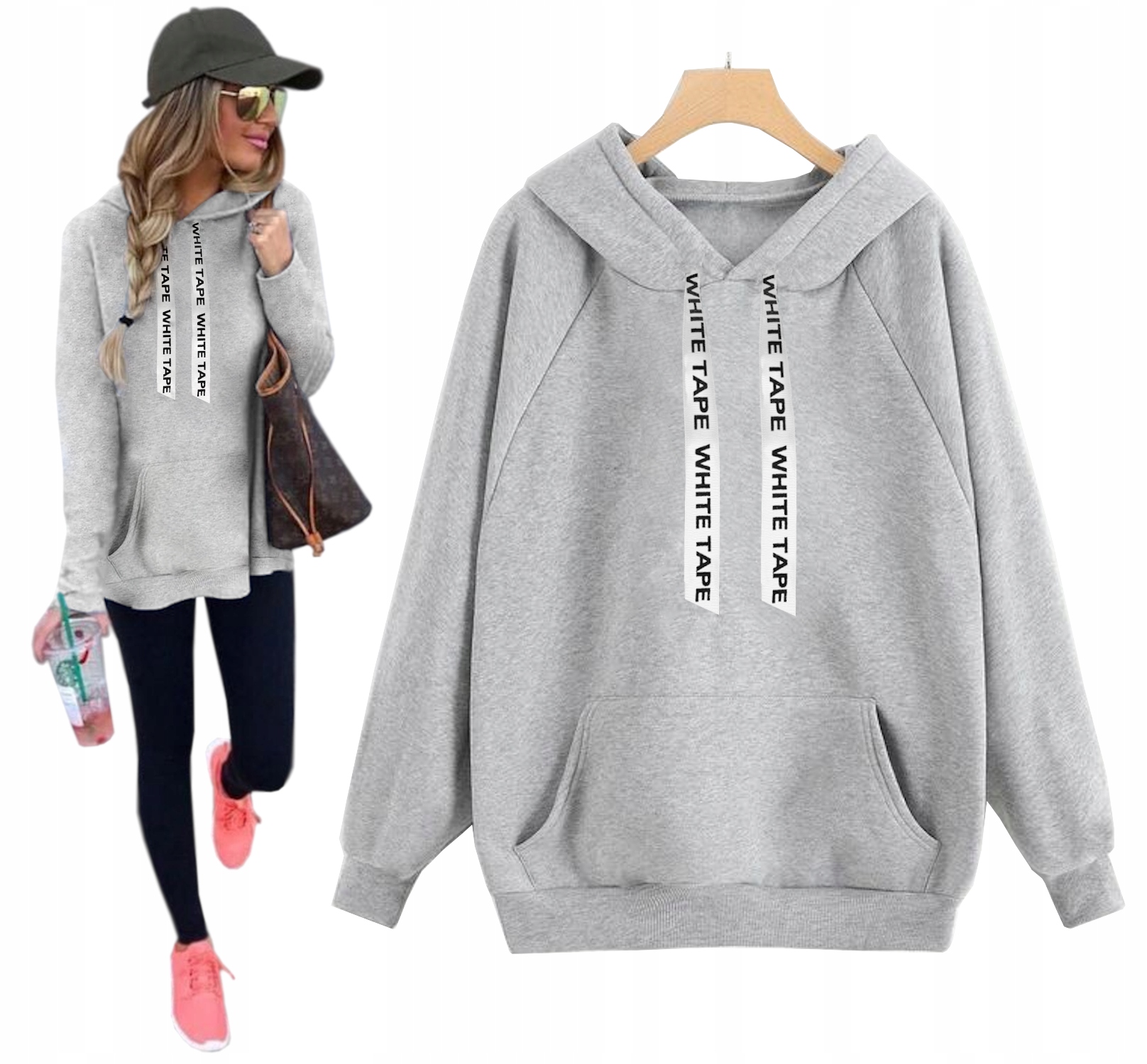 

Kobieca Bluza Taśma White Luźna Kangurka Dresowa