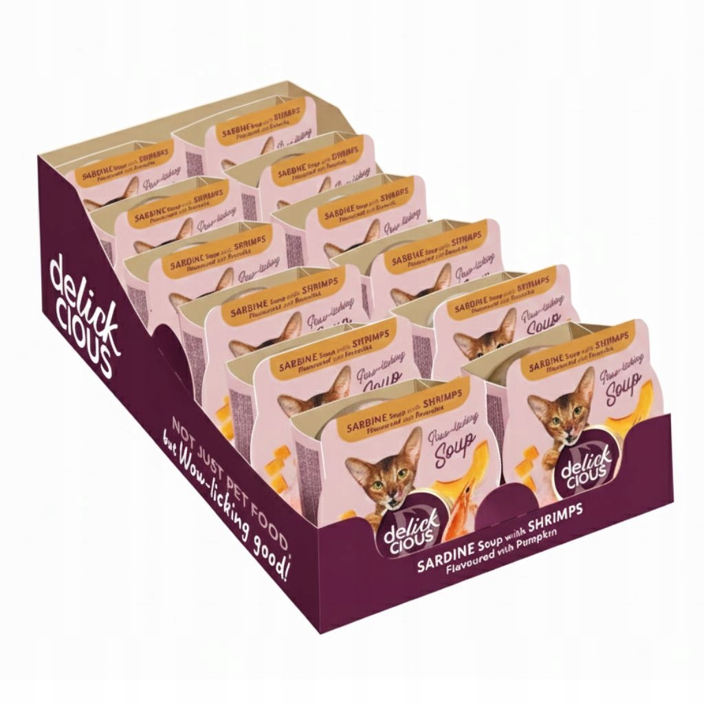 Levně Delickcious Polévka pro dospělé kočky s příchutí sardinek a krevet s dýní, 12 x 80 g