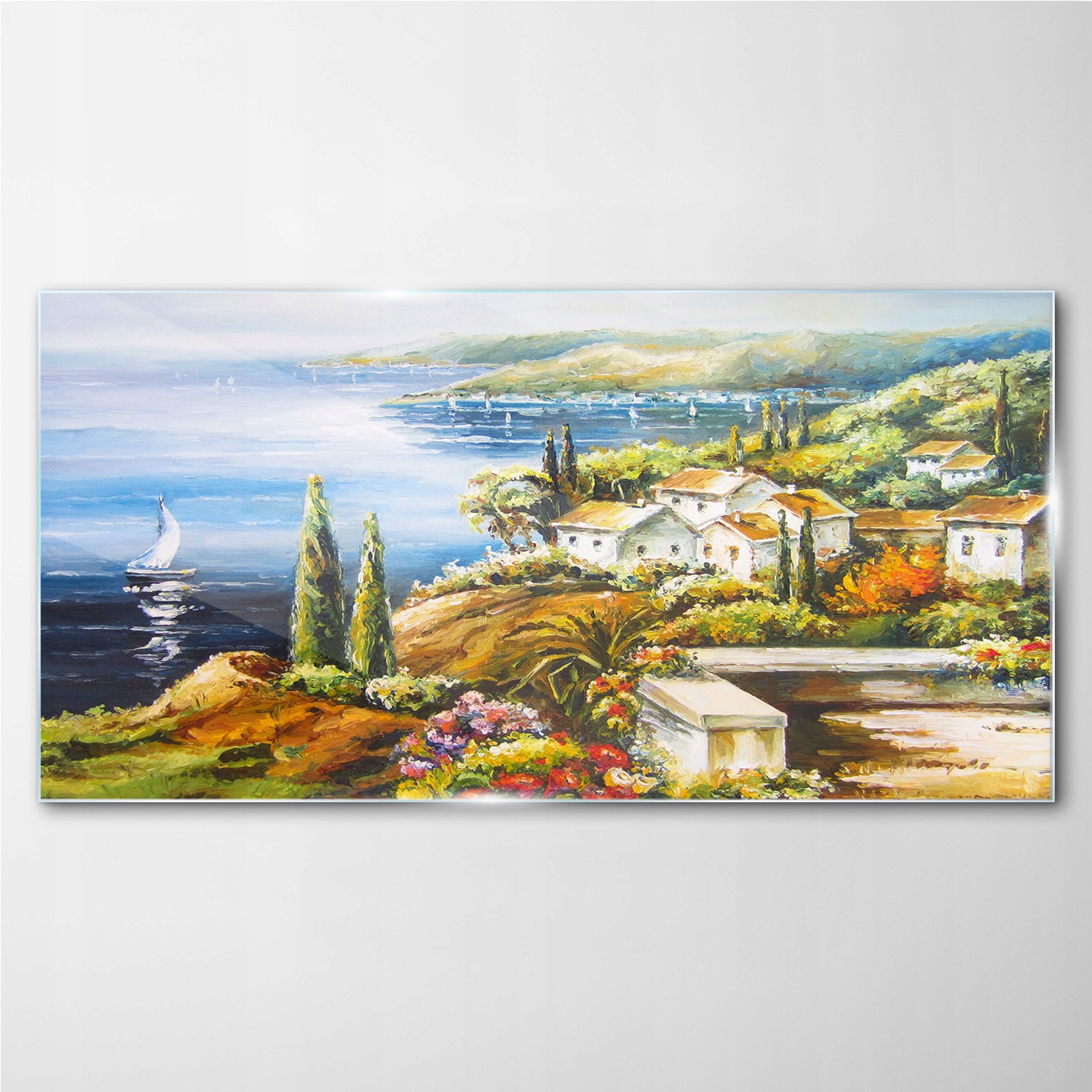 

Obraz szklany Wybrzeże wioska łodzie kwiaty 100x50