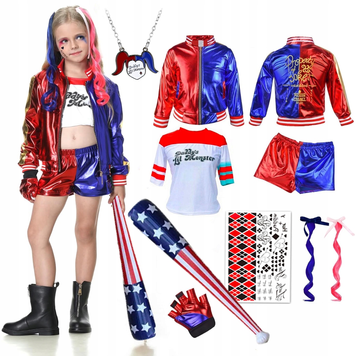 Strój Kostium Harley Quinn Joker Tatuaże Naszyjnik Kij 134/140 balovelove