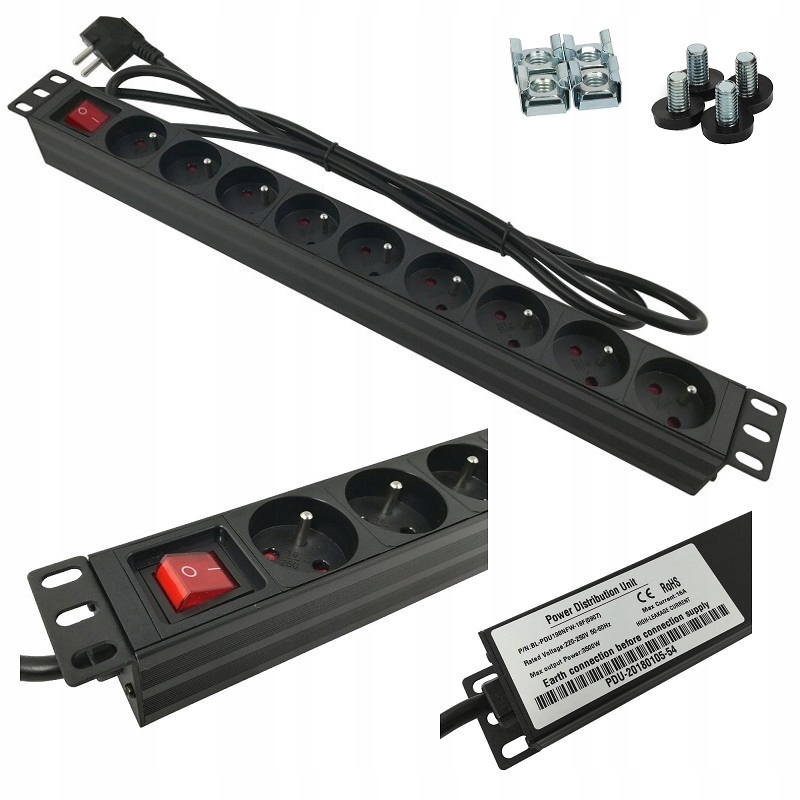 Listwa zasilająca 230V do szafy Rack 19" 1U 9 gniazd 1.8m z wyłącznikiem