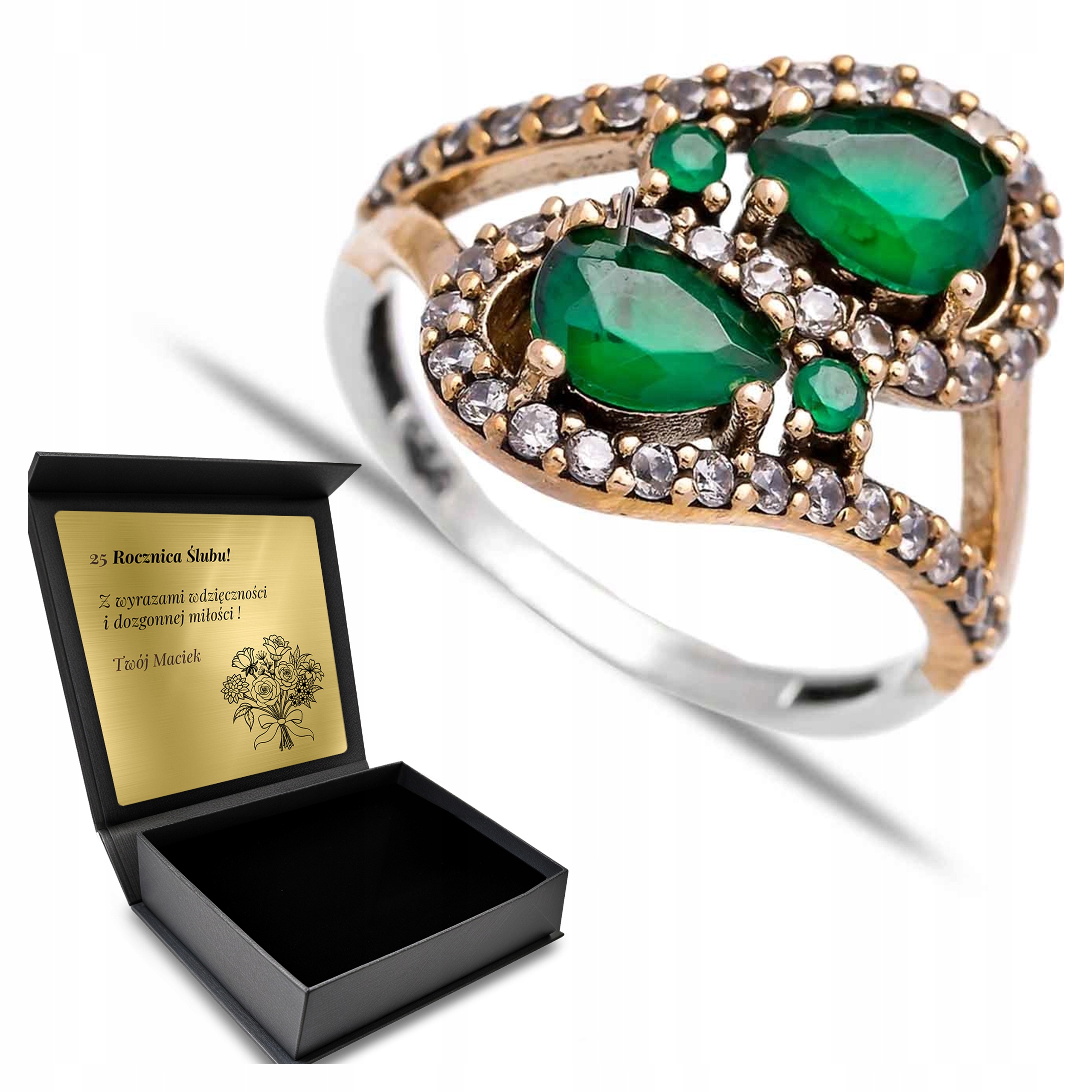 Prstýnek 925 Zirkony Smaragd Dárek pro ženu Gravírování