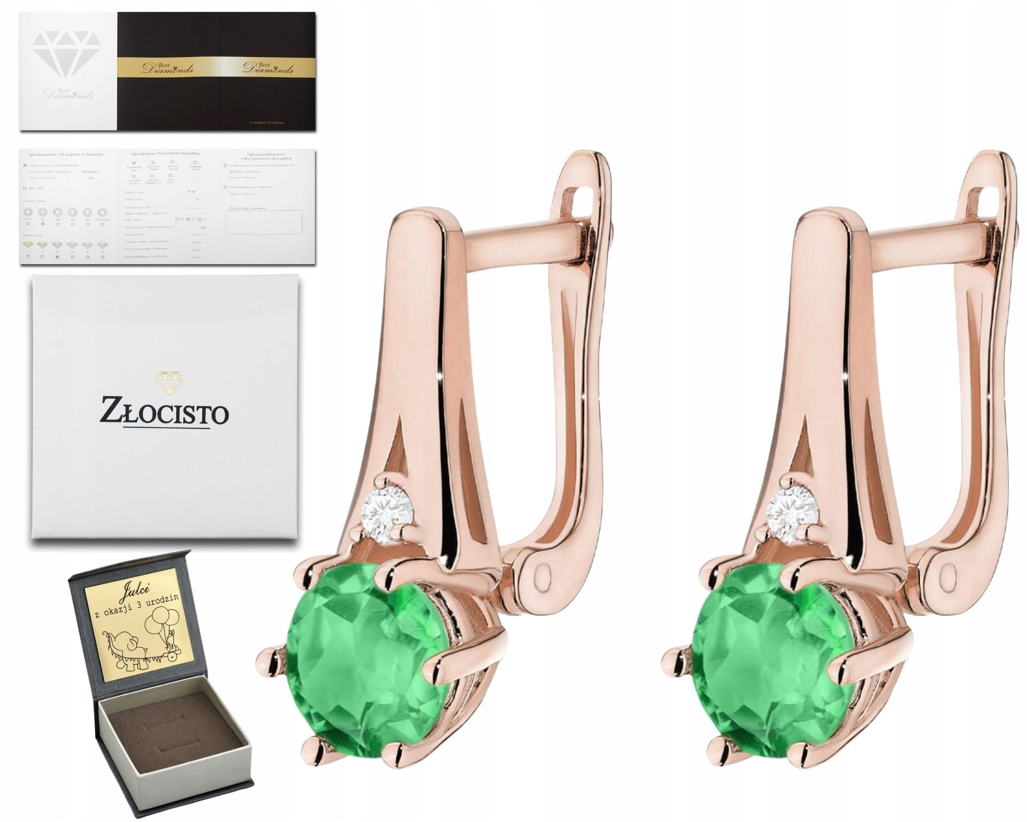 Růžové Zlato Náušnice Smaragd A Diamanty Zlato 585 14K Dárek Gravírování