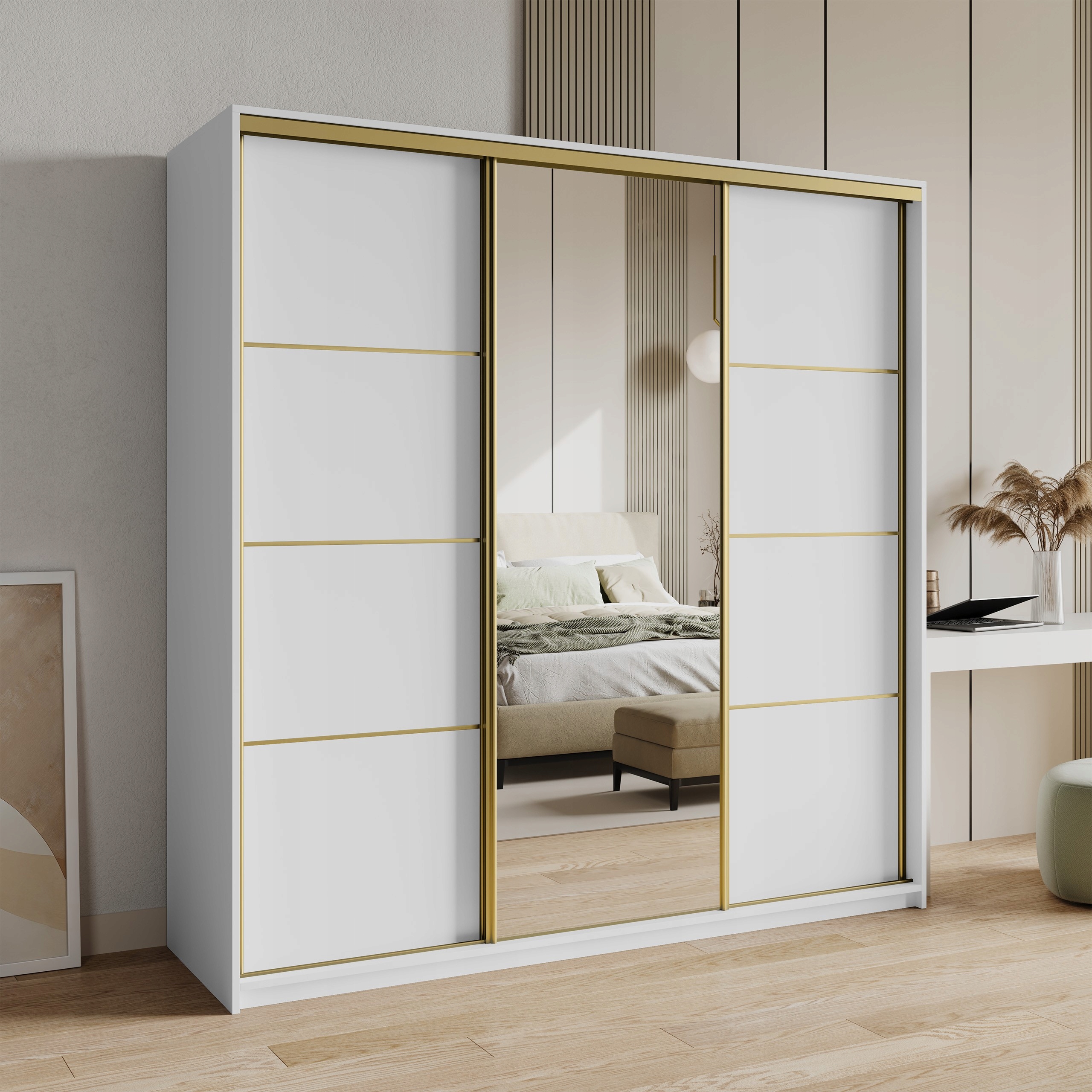 Skříň 180 cm se zrcadlem Zásuvky třídveřová bílá zlatá