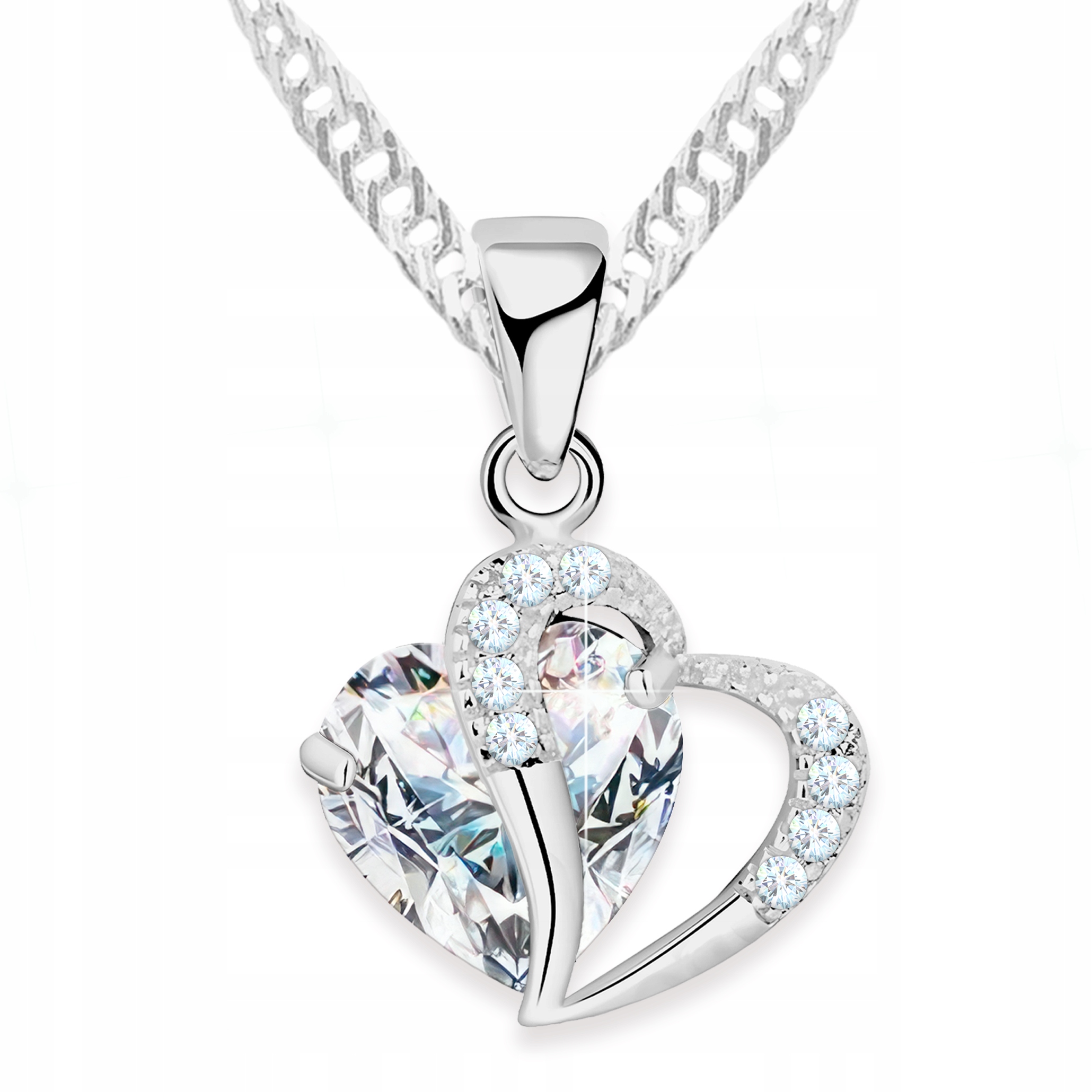 Stříbrný náhrdelník Křišťálové dvojité srdce s bílým kamenem Stříbro 925