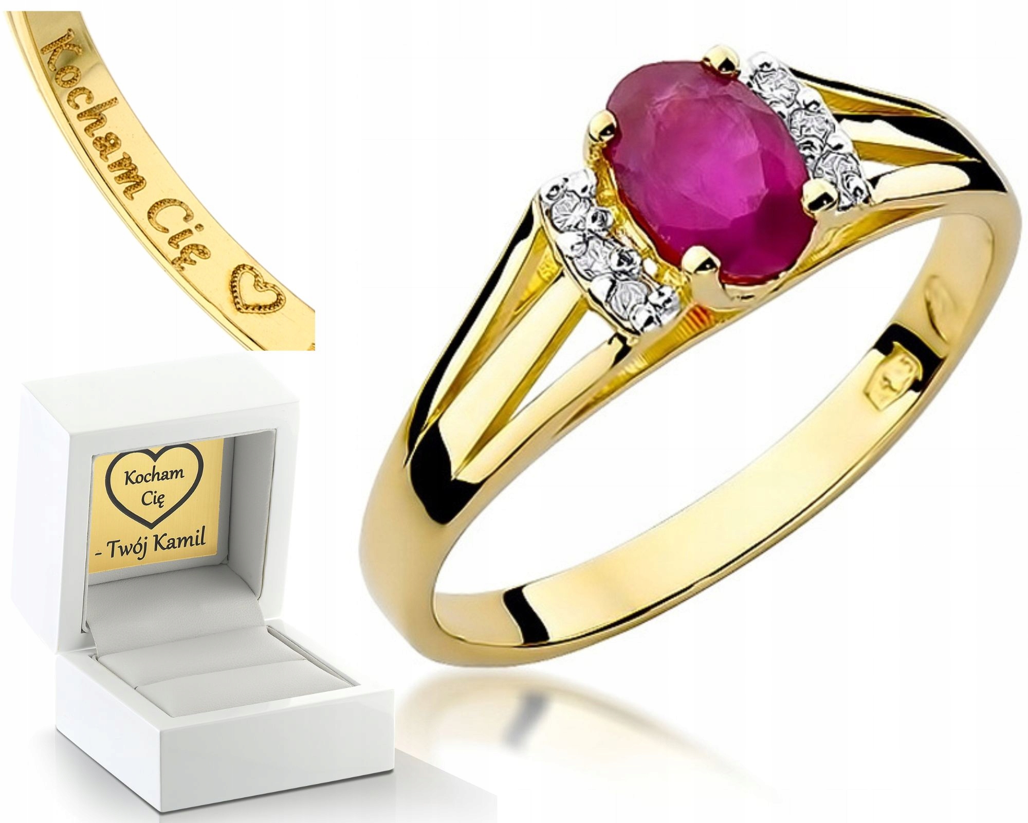 Prstýnek S Rubínem A Diamanty Gravírování Bonus