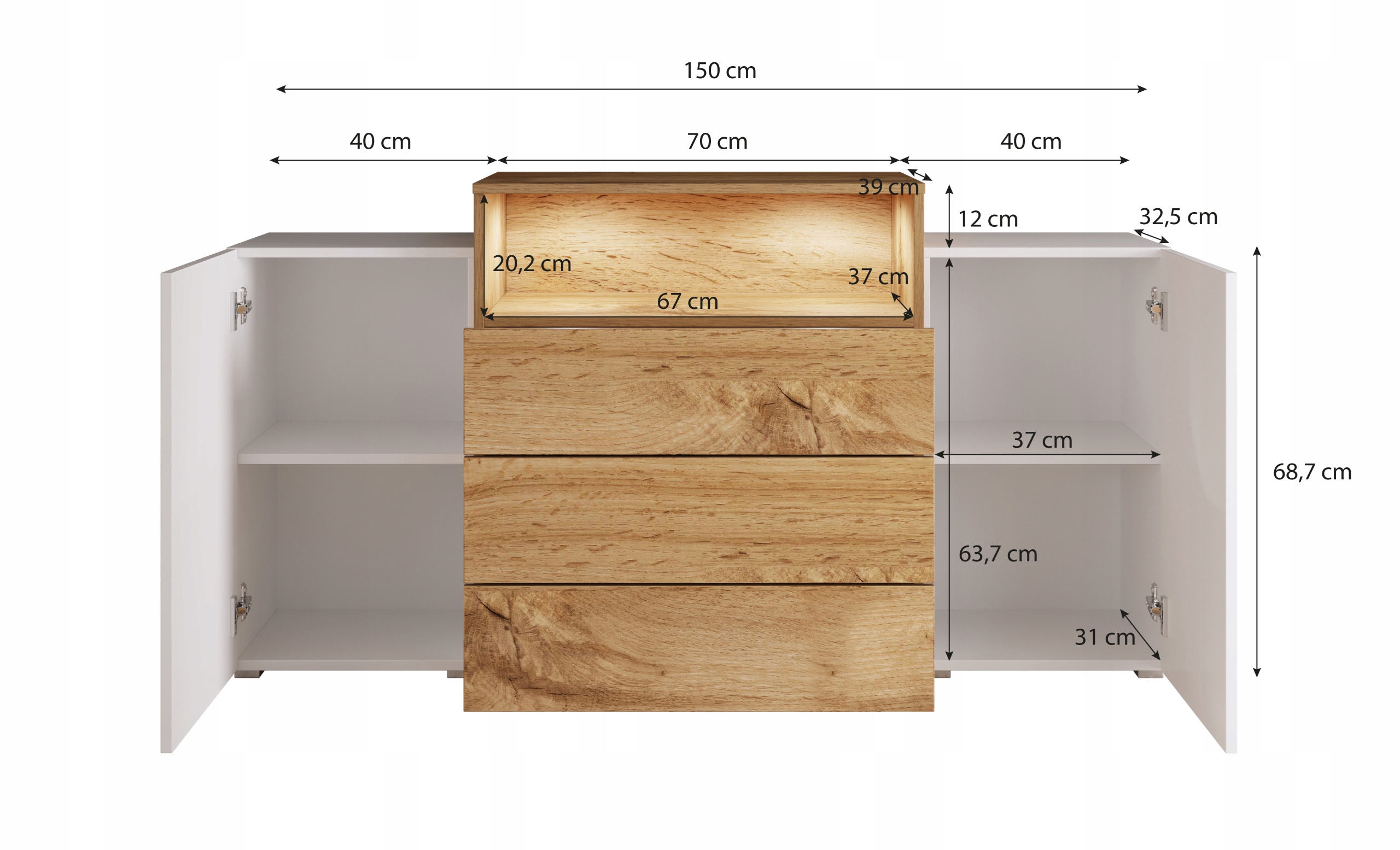 dwudrzwiowa Komoda URBAN 150 cm szuflady półki